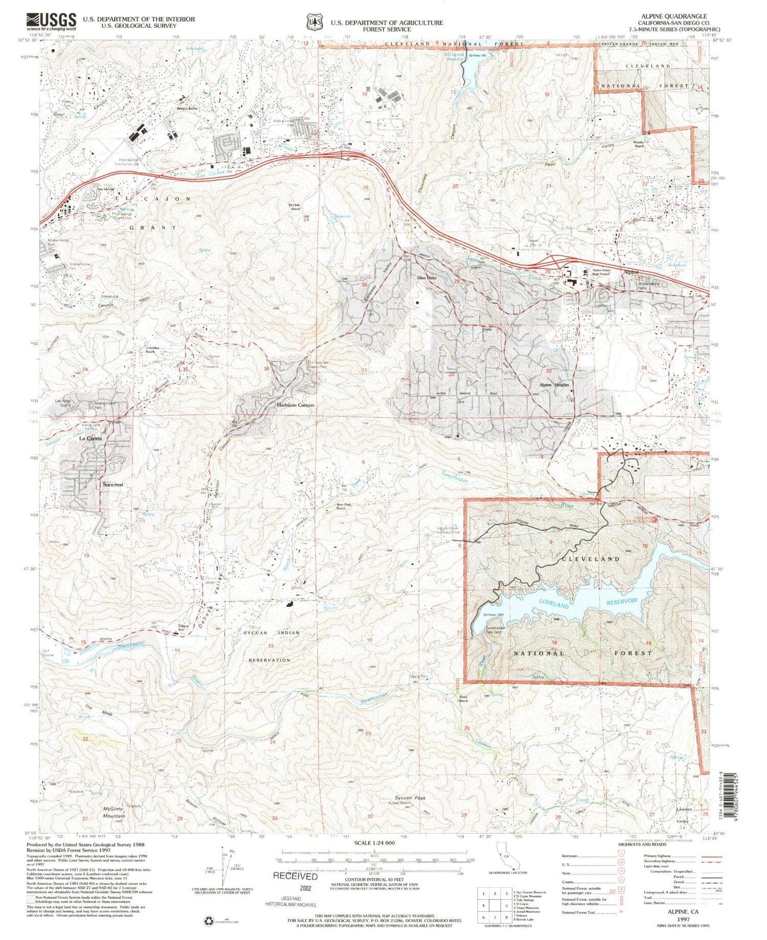 Classic USGS Alpine California 7.5'x7.5' Topo Map Image