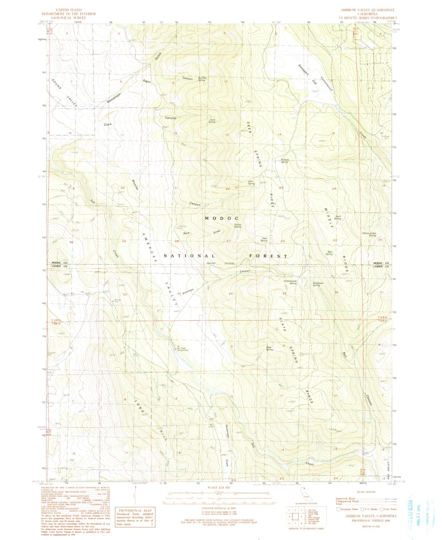 Classic USGS Ambrose Valley California 7.5'x7.5' Topo Map Image