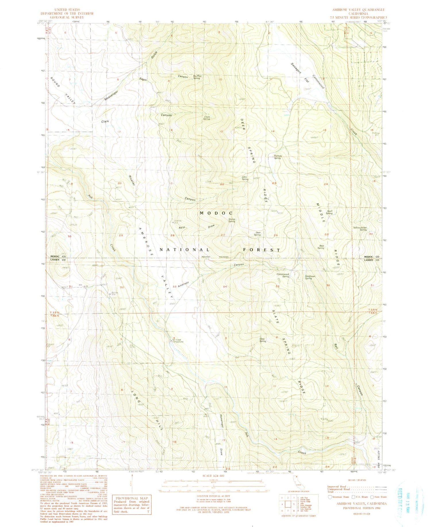 Classic USGS Ambrose Valley California 7.5'x7.5' Topo Map Image