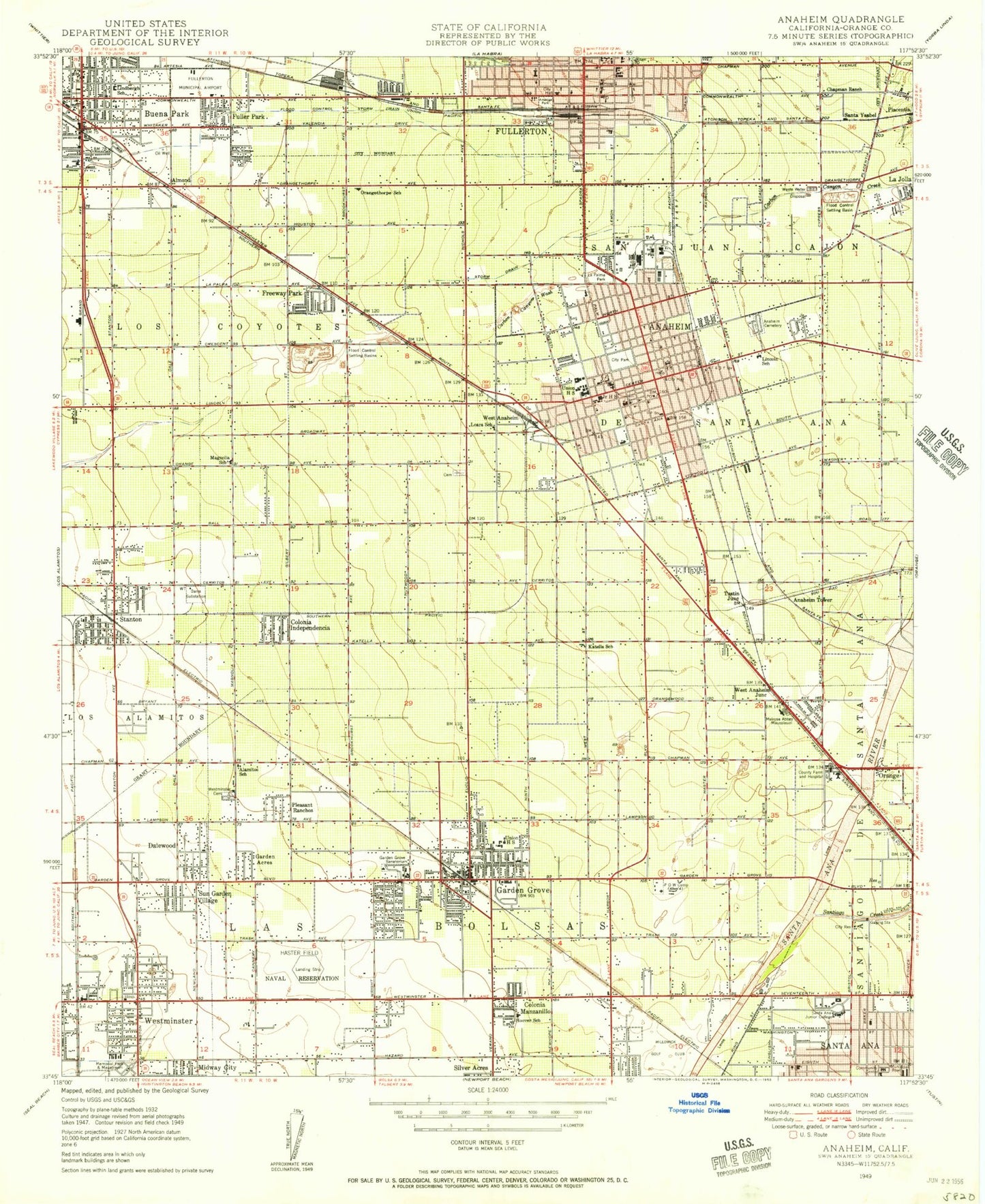 Classic USGS Anaheim California 7.5'x7.5' Topo Map Image