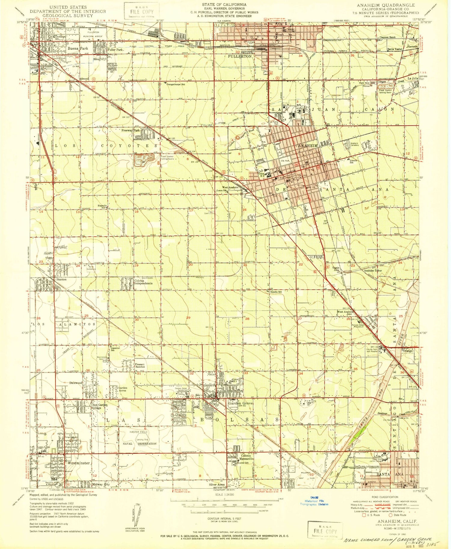 Classic USGS Anaheim California 7.5'x7.5' Topo Map Image