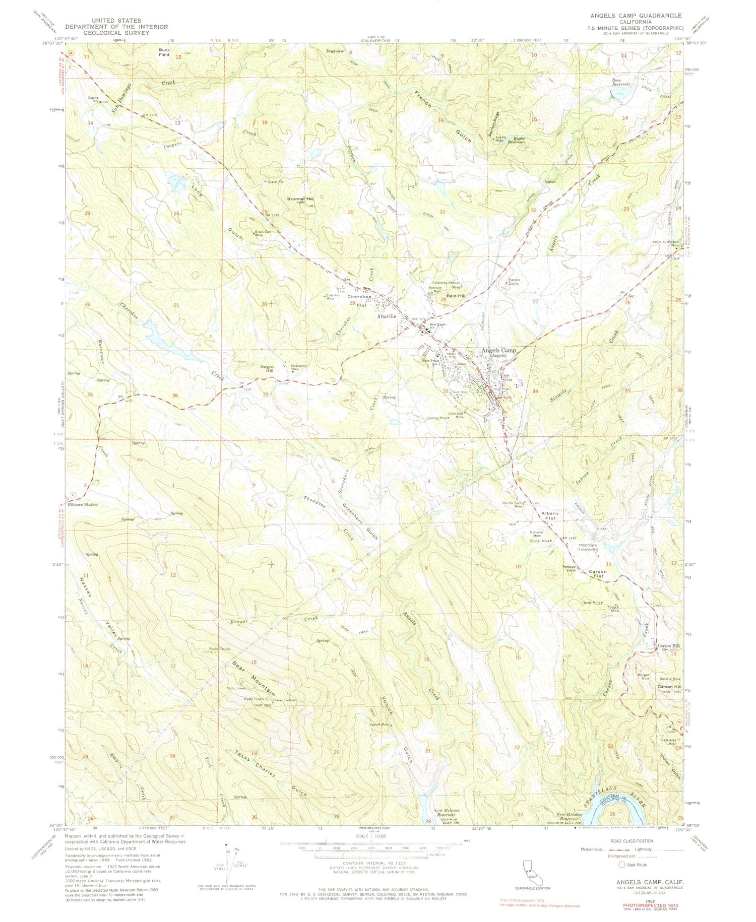 Classic USGS Angels Camp California 7.5'x7.5' Topo Map Image