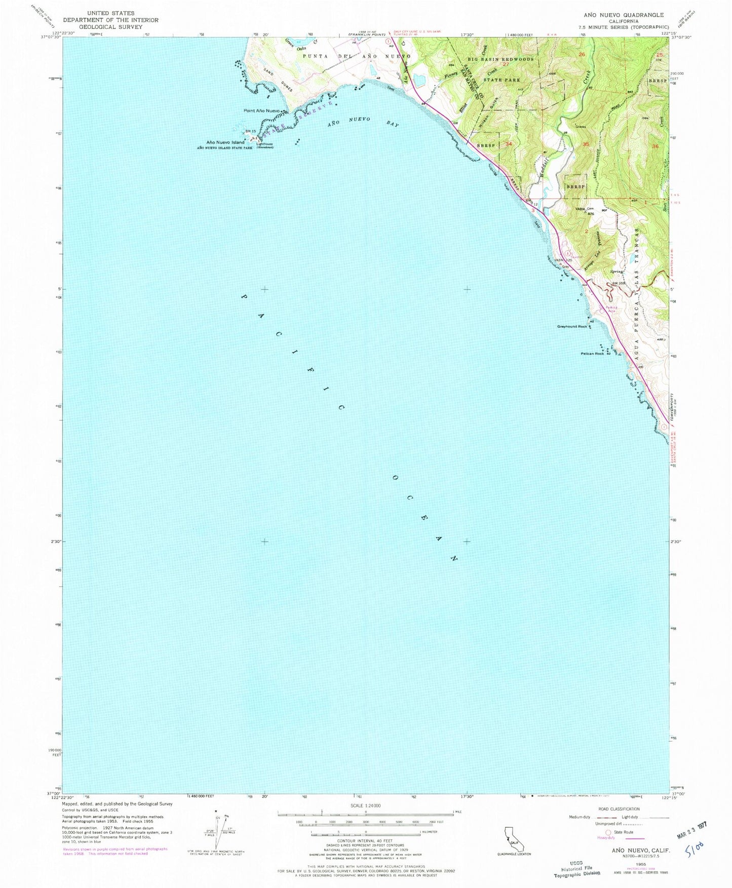 Classic USGS Point Ano Nuevo California 7.5'x7.5' Topo Map Image