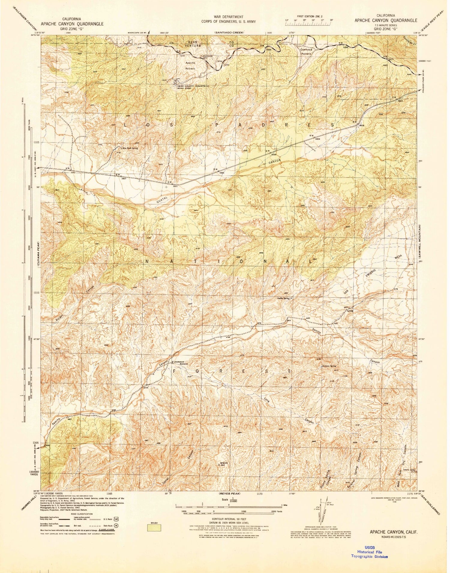 Classic USGS Apache Canyon California 7.5'x7.5' Topo Map Image