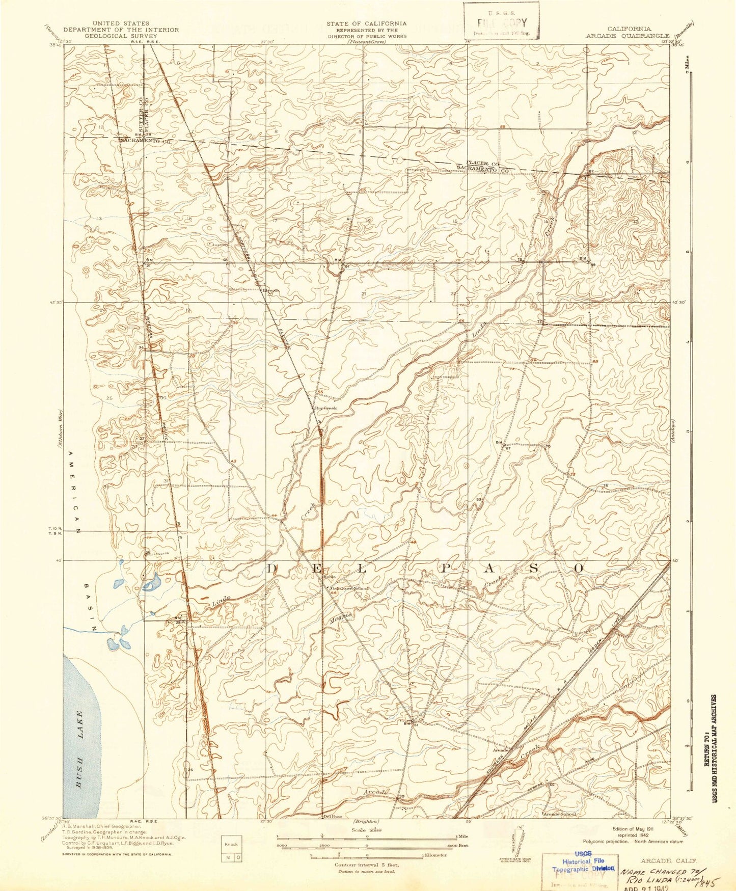 Classic USGS Rio Linda California 7.5'x7.5' Topo Map Image
