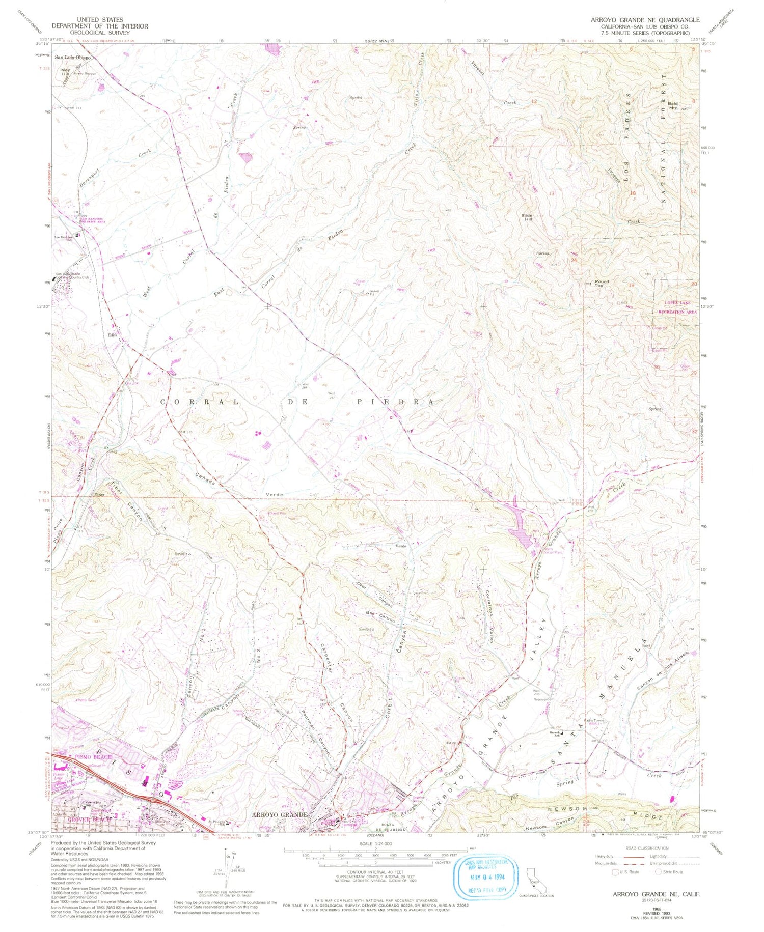 Classic USGS Arroyo Grande NE California 7.5'x7.5' Topo Map Image
