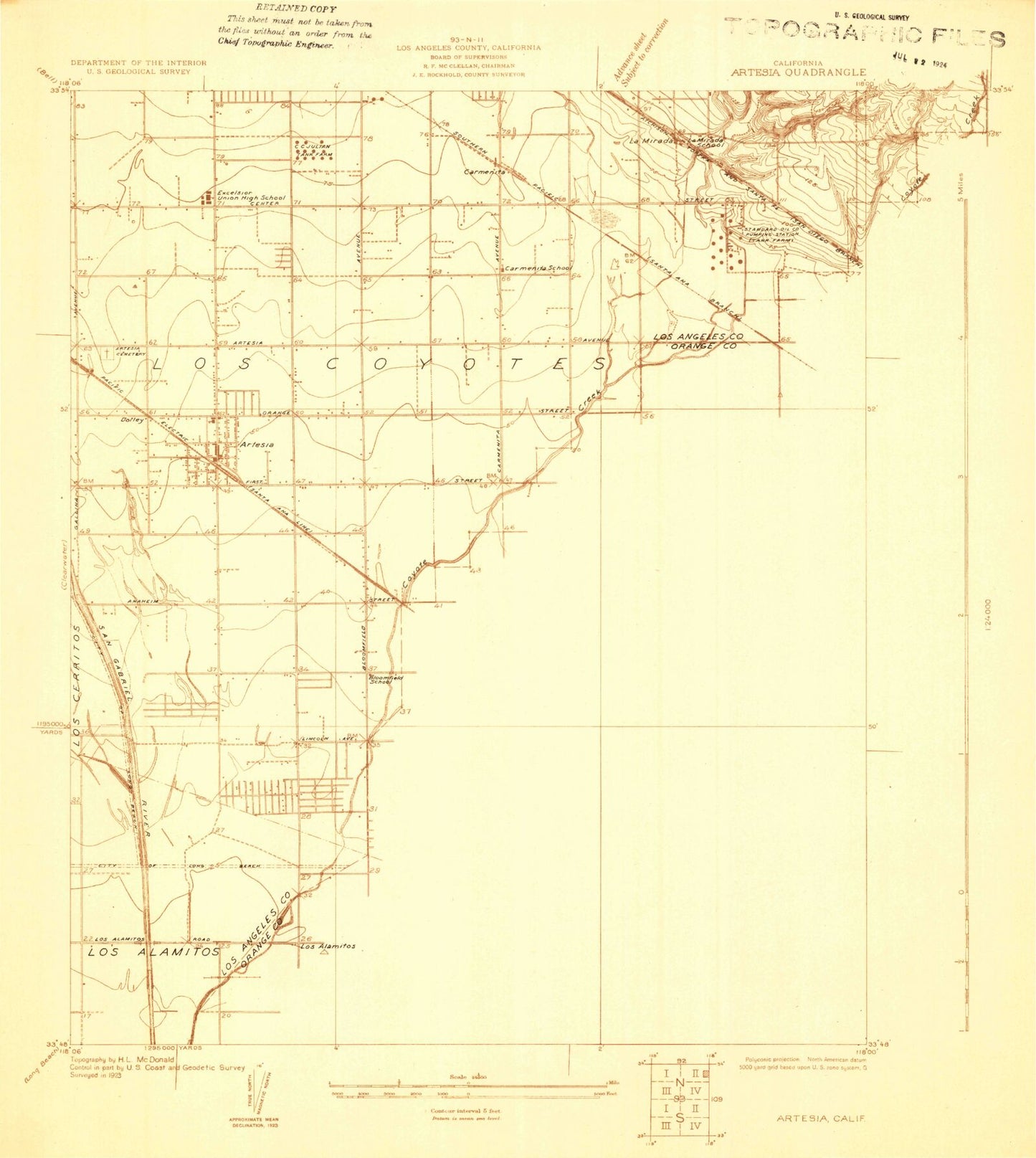 Classic USGS Artesia California 7.5'x7.5' Topo Map Image