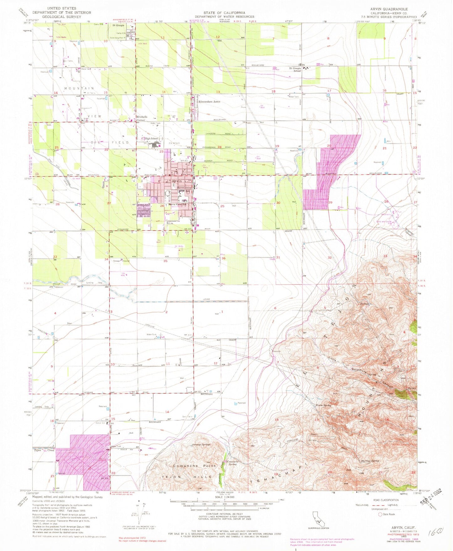 Classic USGS Arvin California 7.5'x7.5' Topo Map Image