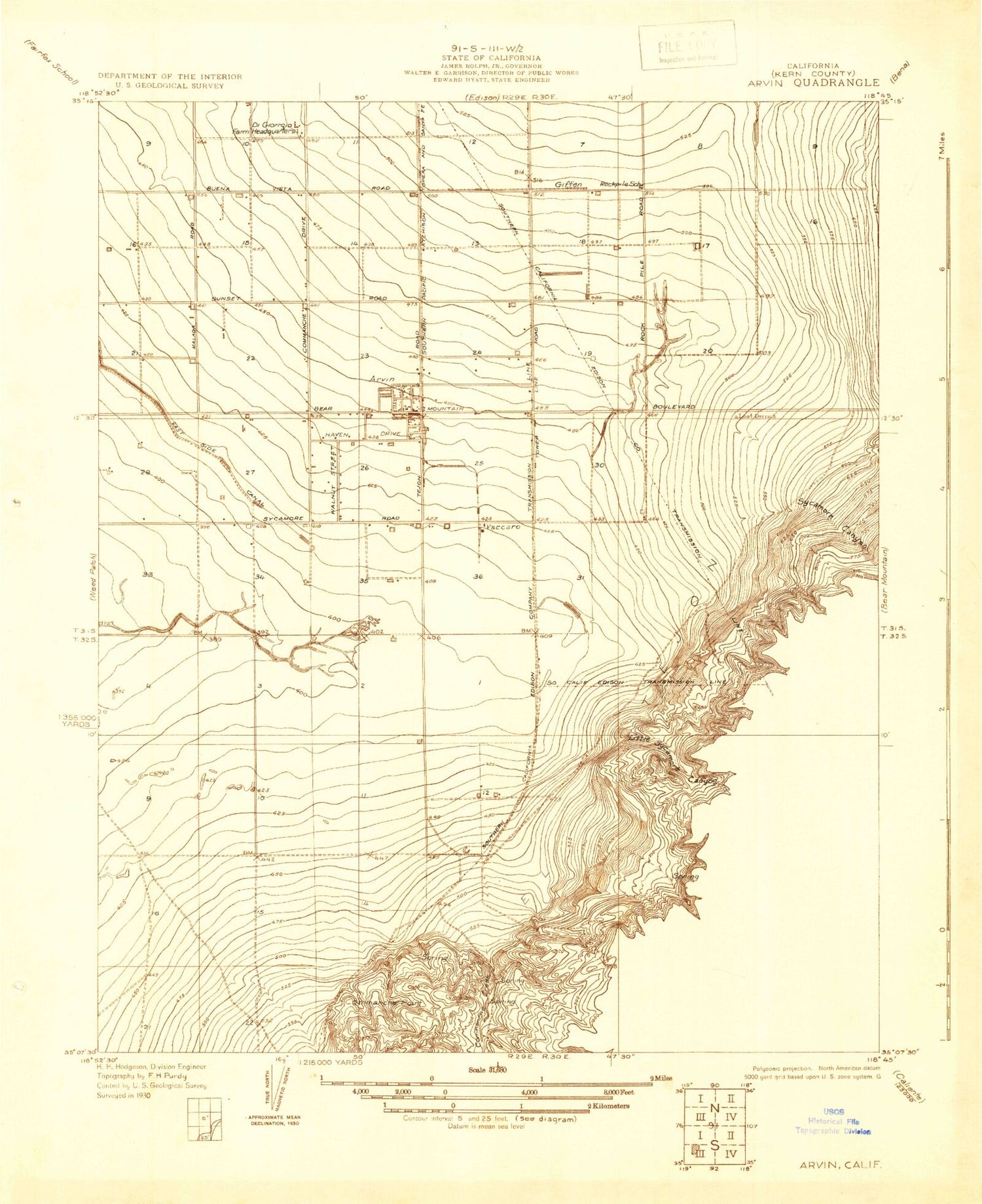 Classic USGS Arvin California 7.5'x7.5' Topo Map Image