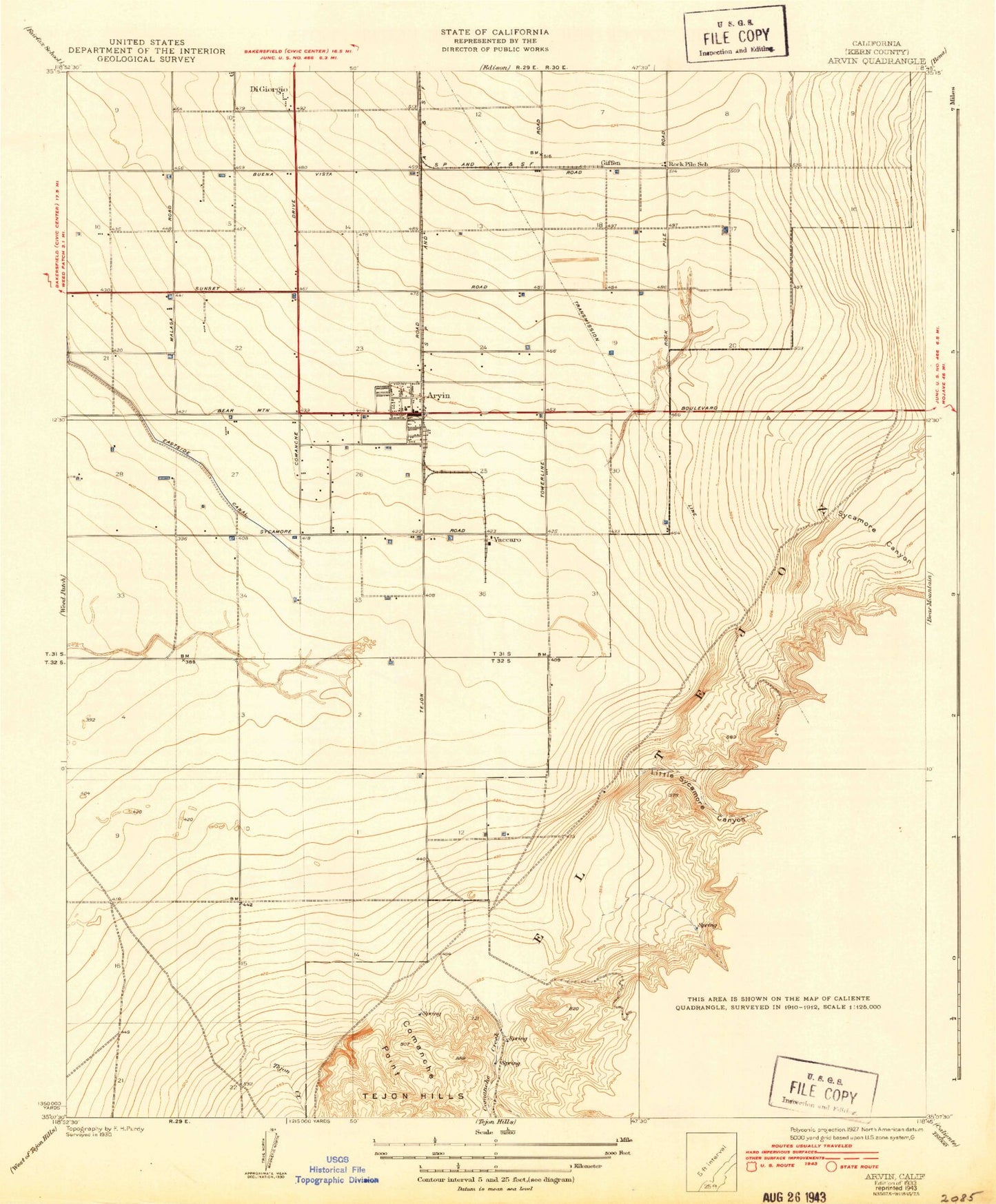 Classic USGS Arvin California 7.5'x7.5' Topo Map Image
