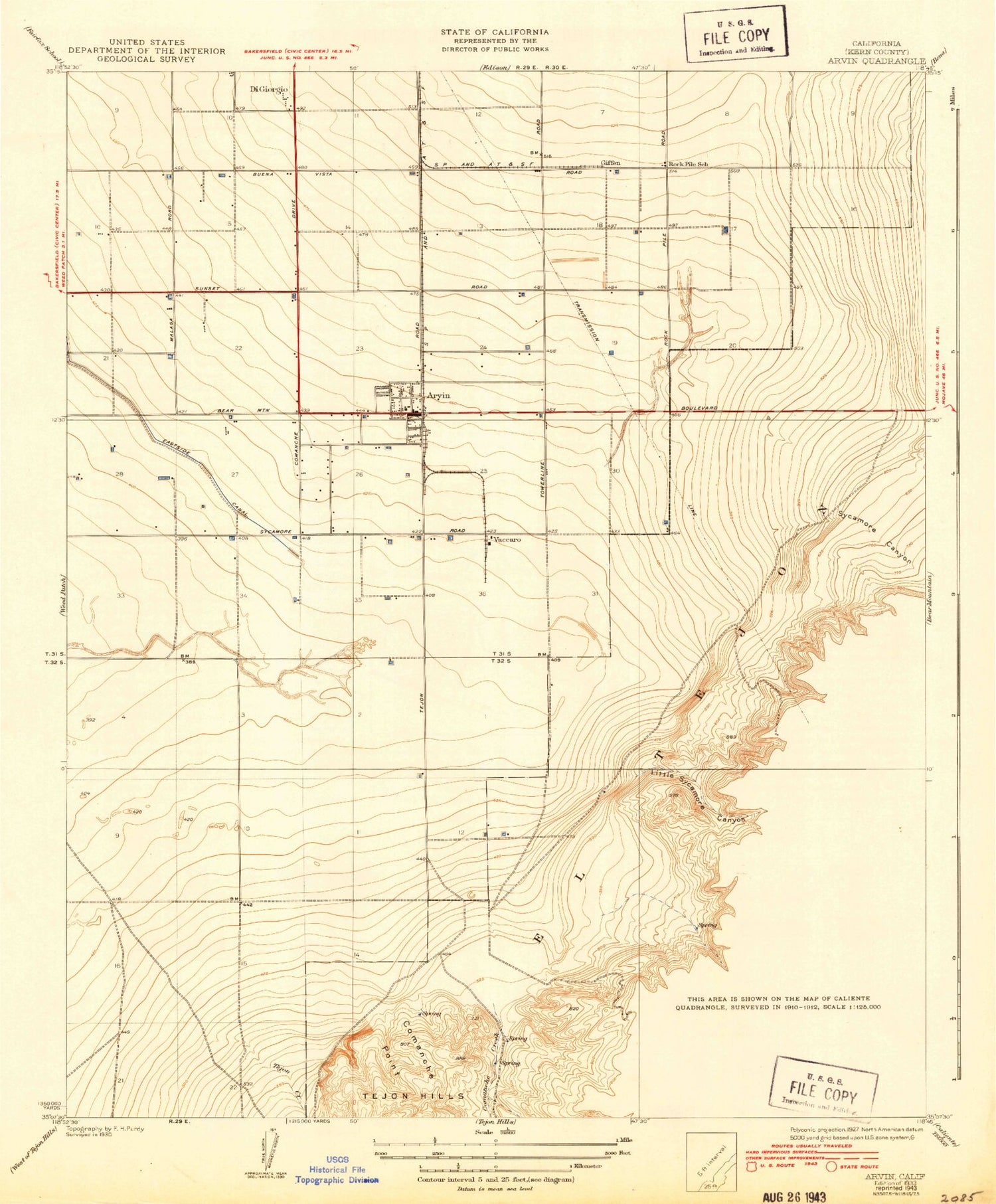 Classic USGS Arvin California 7.5'x7.5' Topo Map Image