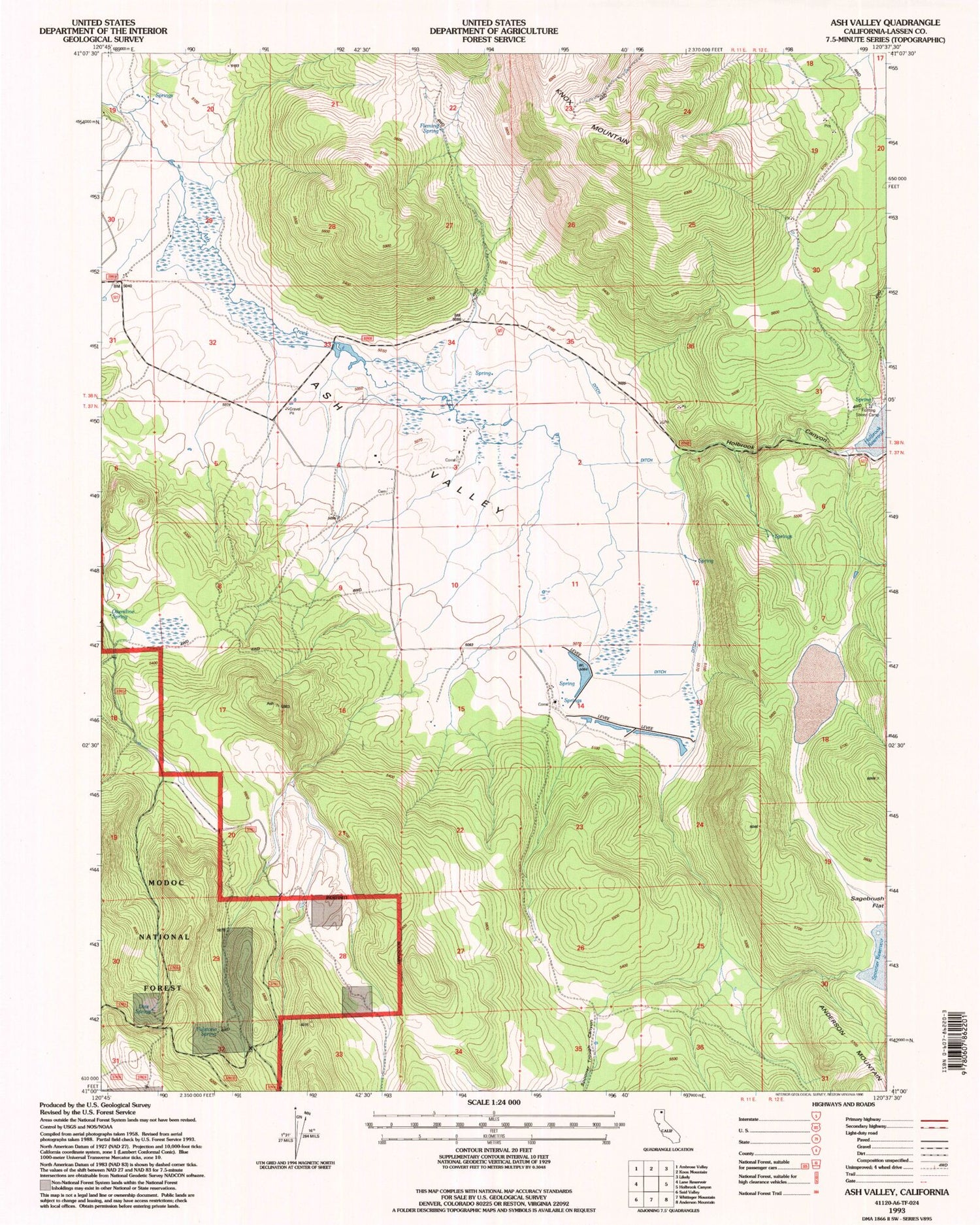 Classic USGS Ash Valley California 7.5'x7.5' Topo Map Image