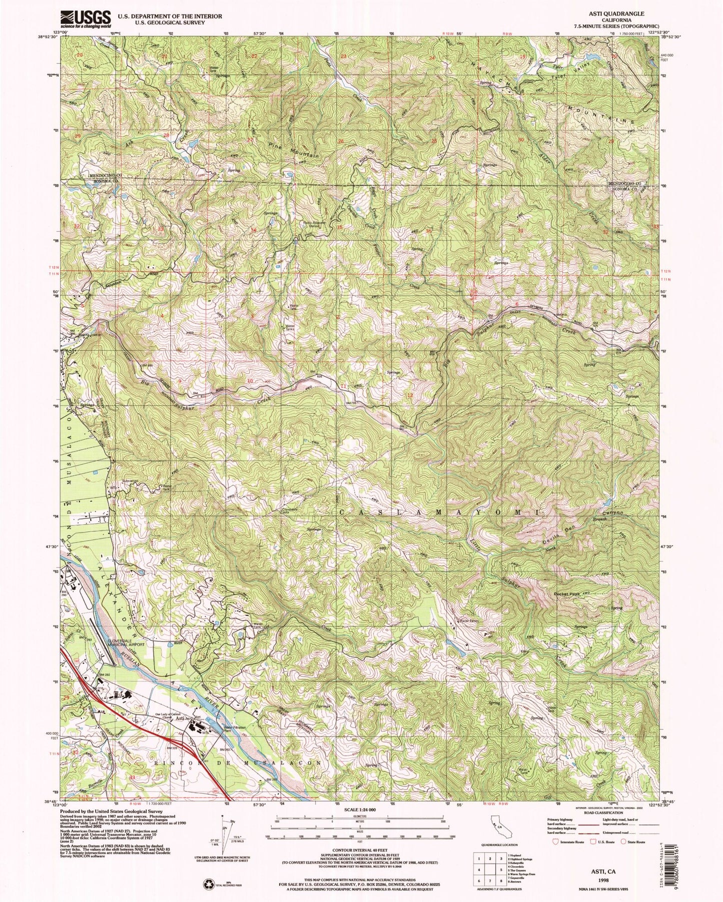 Classic USGS Asti California 7.5'x7.5' Topo Map Image