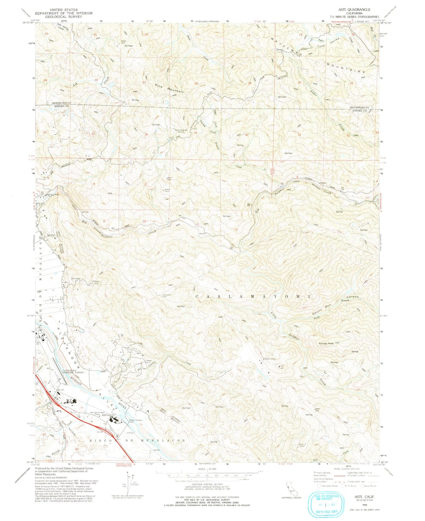Classic USGS Asti California 7.5'x7.5' Topo Map Image