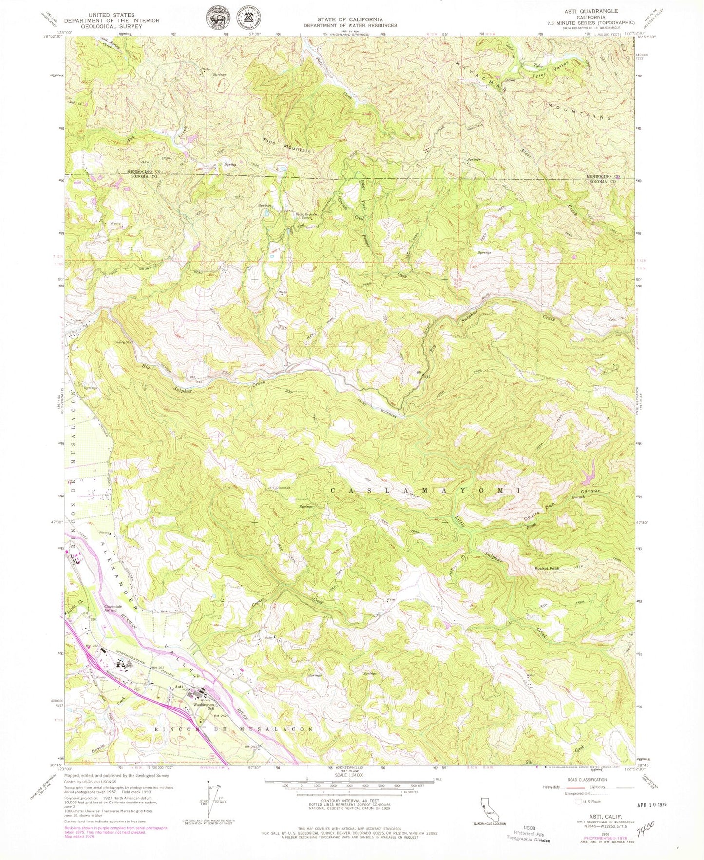 Classic USGS Asti California 7.5'x7.5' Topo Map Image