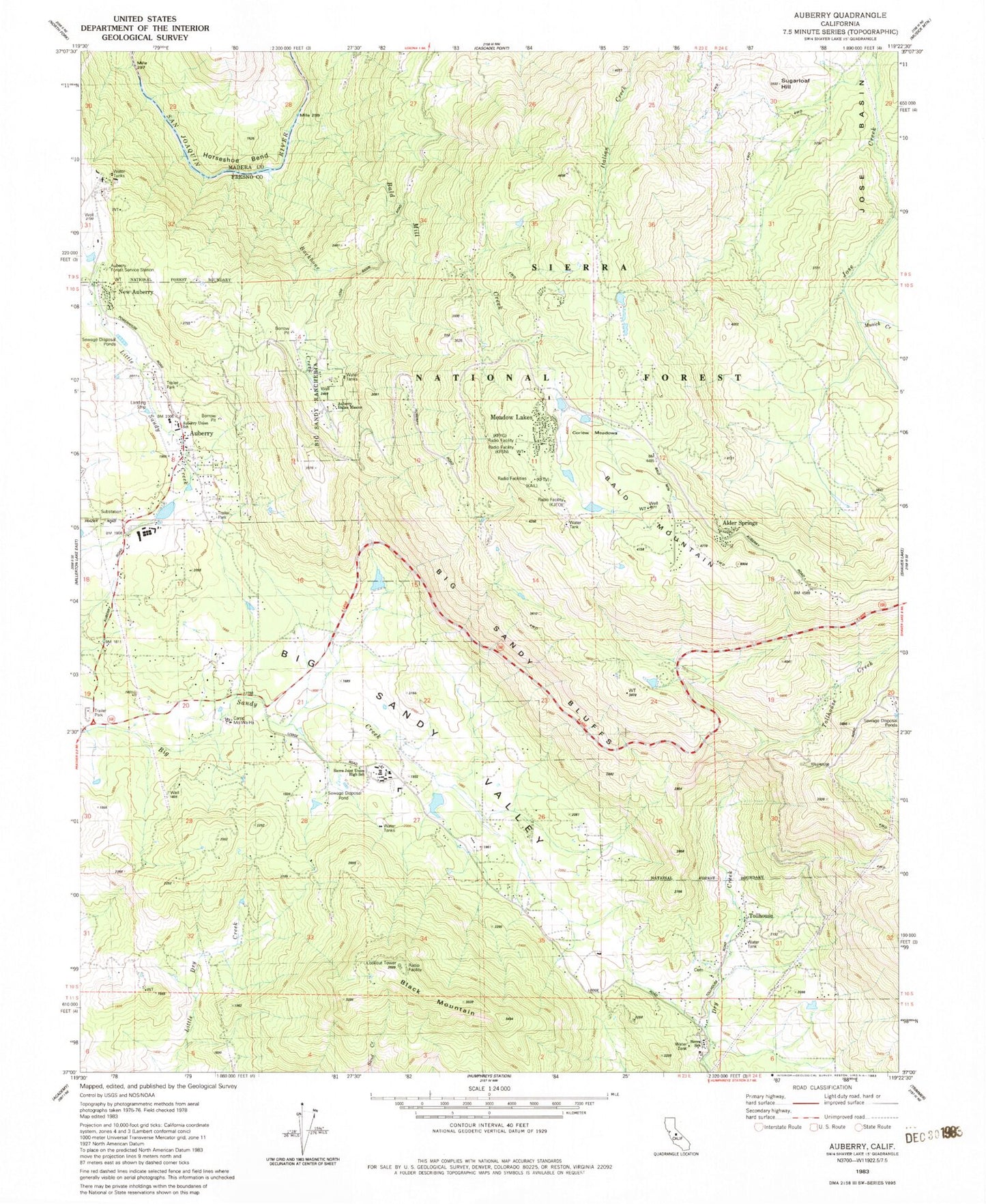 Classic USGS Auberry California 7.5'x7.5' Topo Map Image