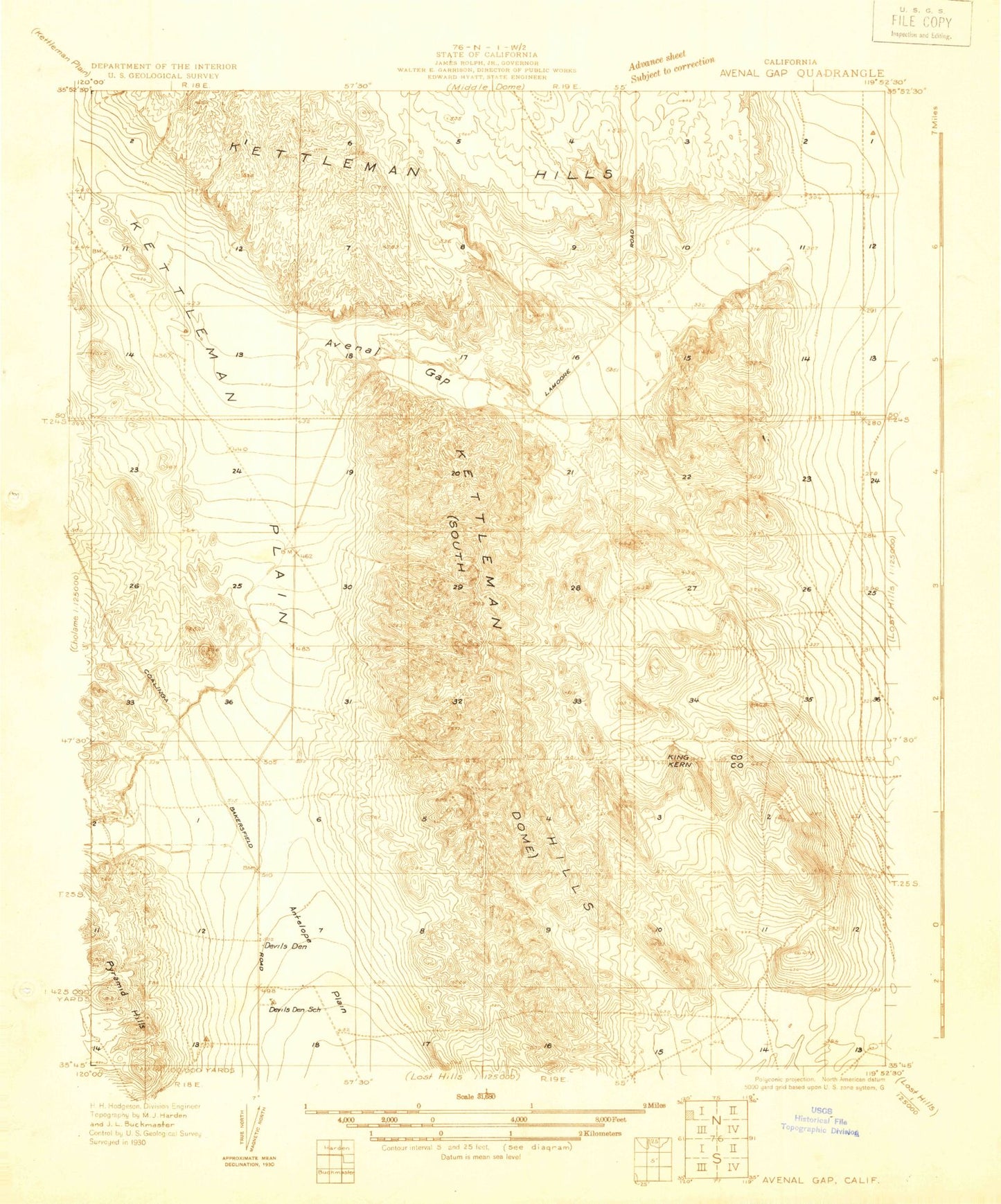 Classic USGS Avenal Gap California 7.5'x7.5' Topo Map Image
