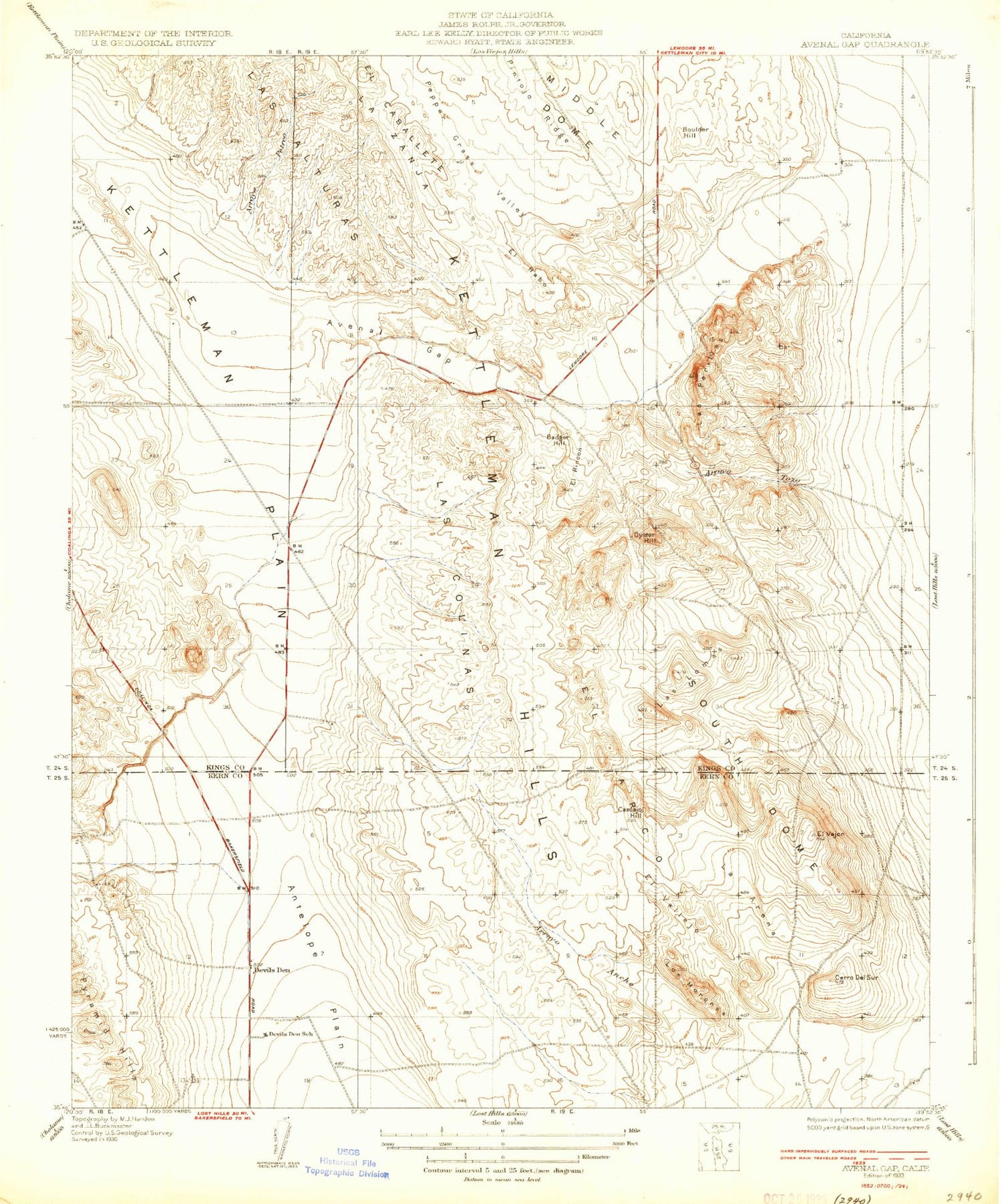 Classic USGS Avenal Gap California 7.5'x7.5' Topo Map Image