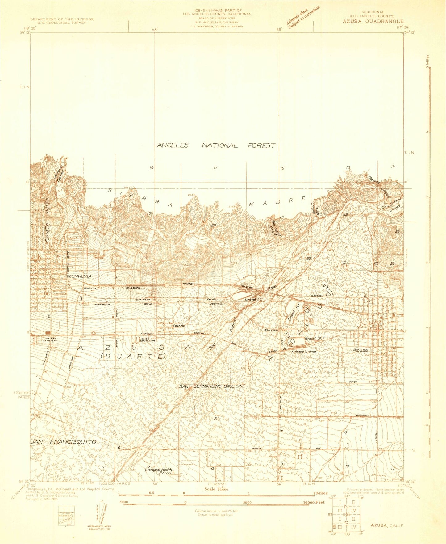 Classic USGS Azusa California 7.5'x7.5' Topo Map Image
