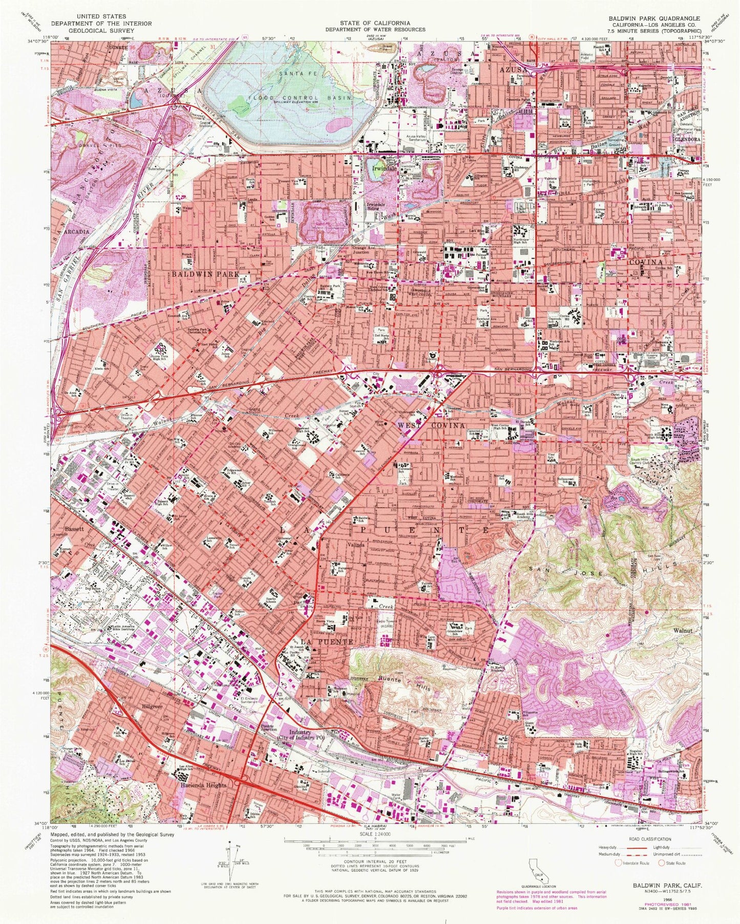 Classic USGS Baldwin Park California 7.5'x7.5' Topo Map Image