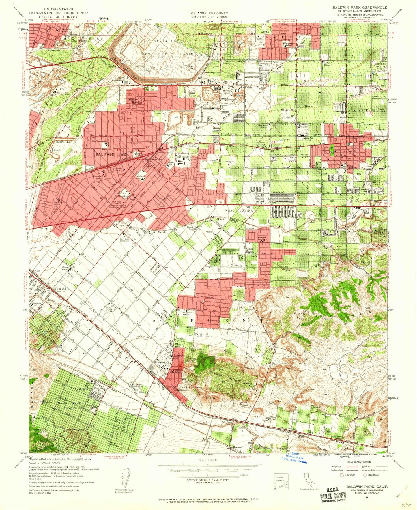 Classic USGS Baldwin Park California 7.5'x7.5' Topo Map Image