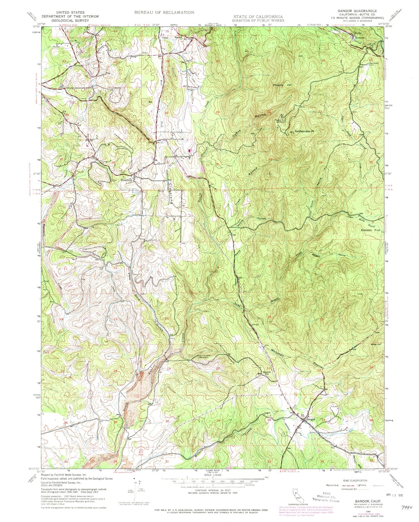 Classic USGS Bangor California 7.5'x7.5' Topo Map Image