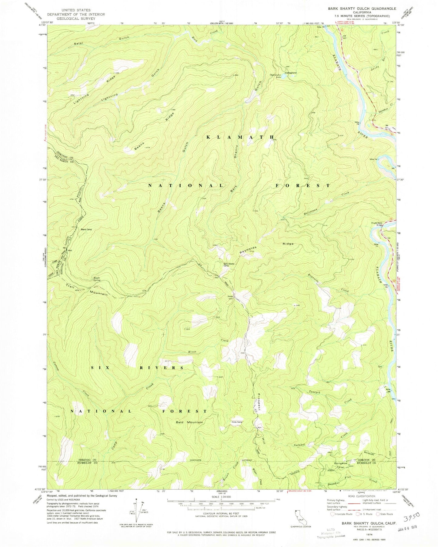 Classic USGS Bark Shanty Gulch California 7.5'x7.5' Topo Map Image