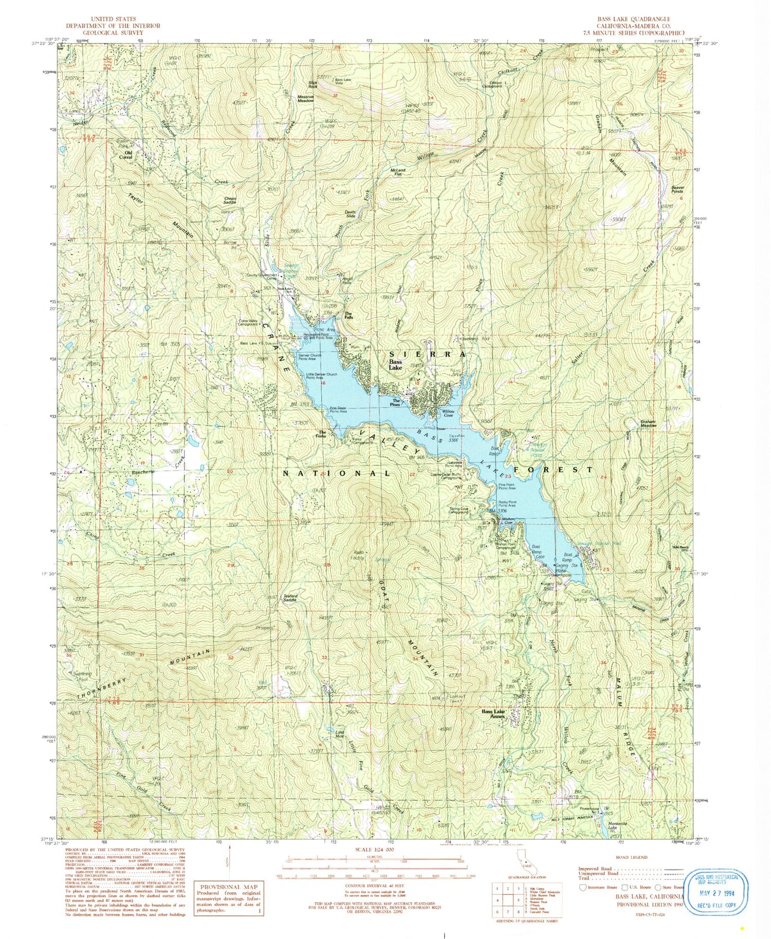 Classic USGS Bass Lake California 7.5'x7.5' Topo Map Image