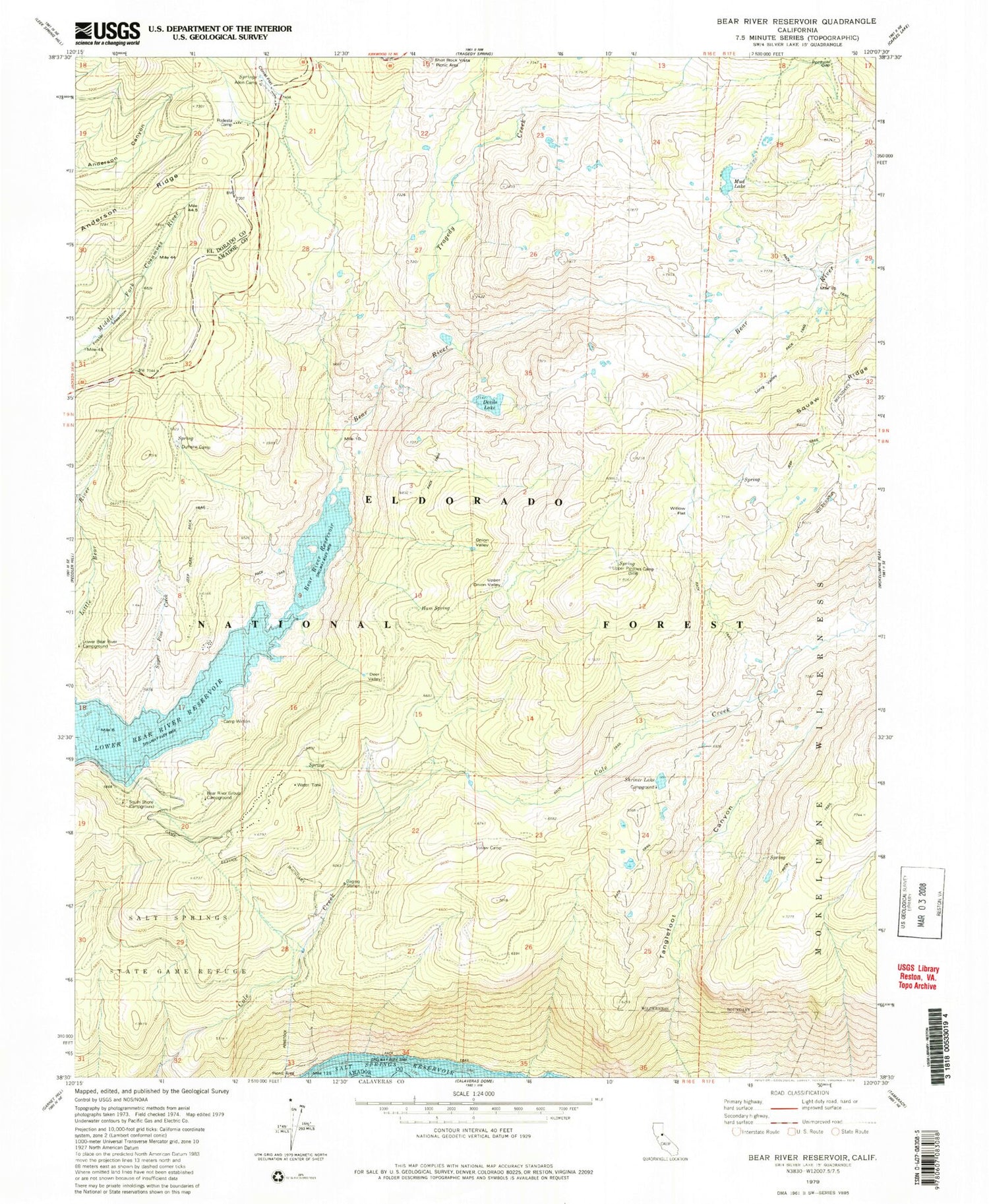 Classic USGS Bear River Reservoir California 7.5'x7.5' Topo Map Image