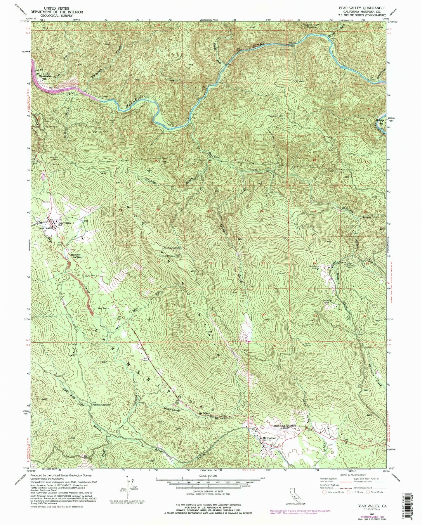 Classic USGS Bear Valley California 7.5'x7.5' Topo Map Image
