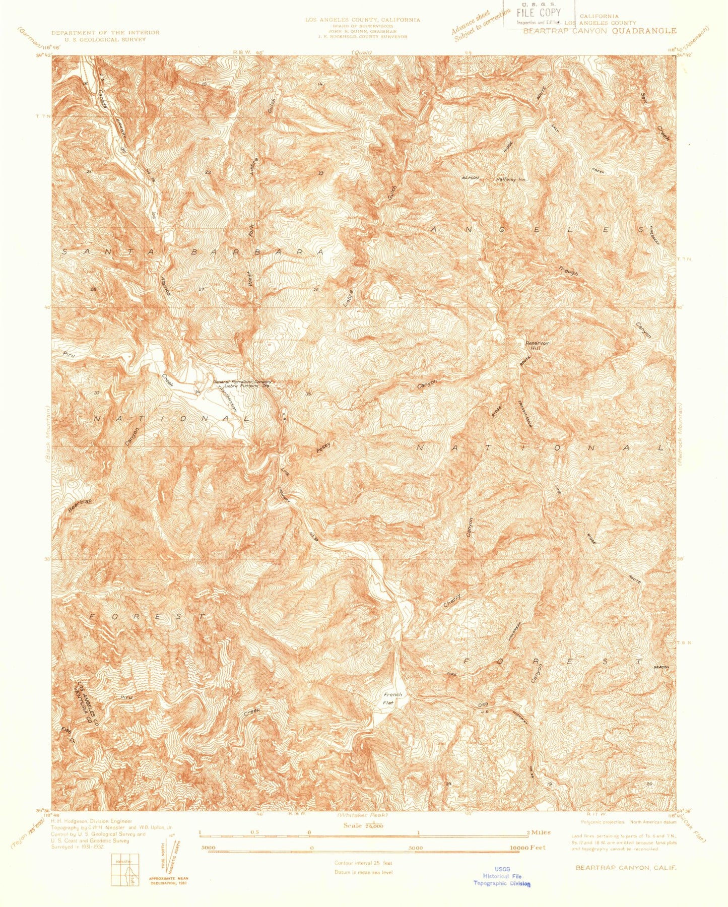 Classic USGS Beartrap Canyon California 7.5'x7.5' Topo Map Image