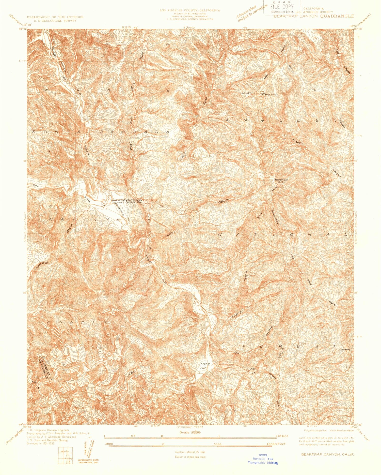 Classic USGS Beartrap Canyon California 7.5'x7.5' Topo Map Image