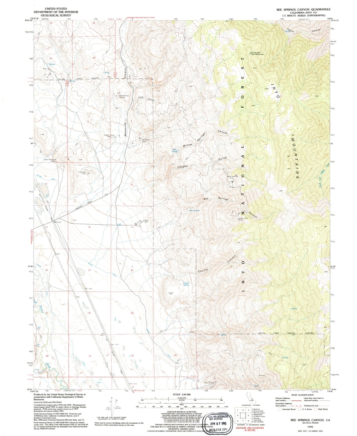 Classic USGS Bee Springs Canyon California 7.5'x7.5' Topo Map Image