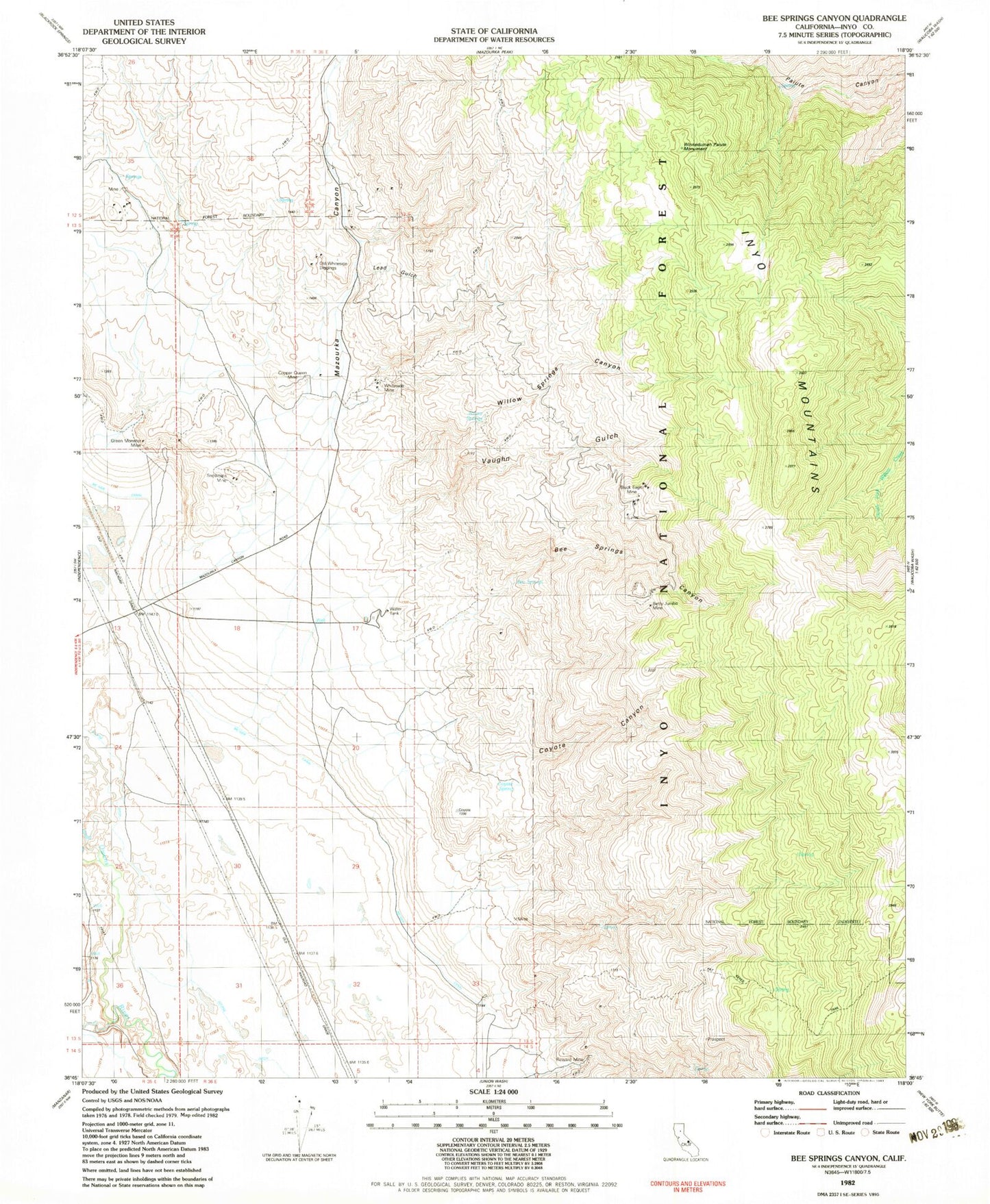 Classic USGS Bee Springs Canyon California 7.5'x7.5' Topo Map Image