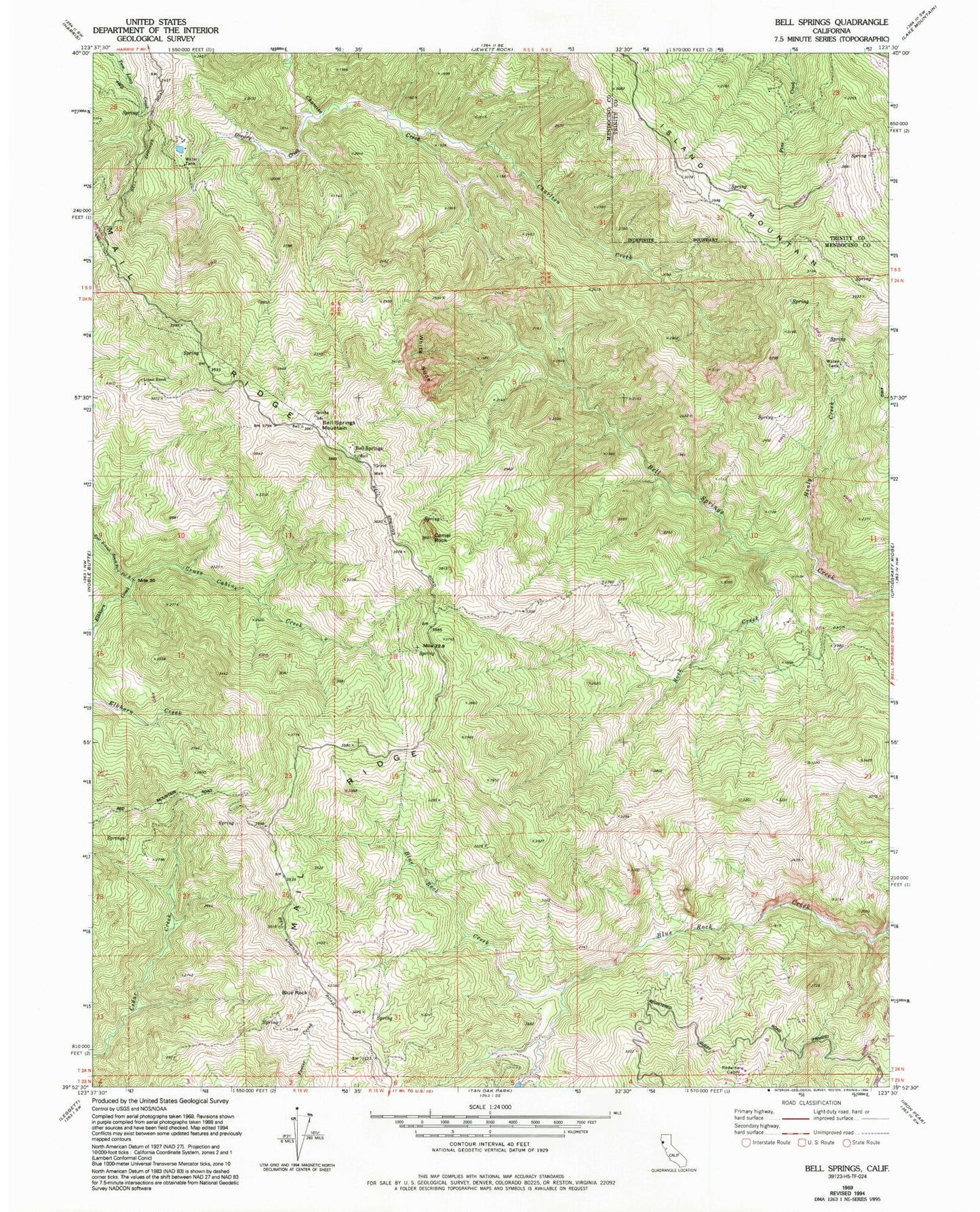 Classic USGS Bell Springs California 7.5'x7.5' Topo Map Image