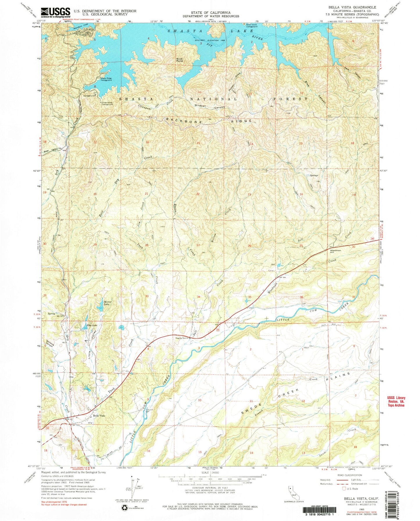 Classic USGS Bella Vista California 7.5'x7.5' Topo Map Image