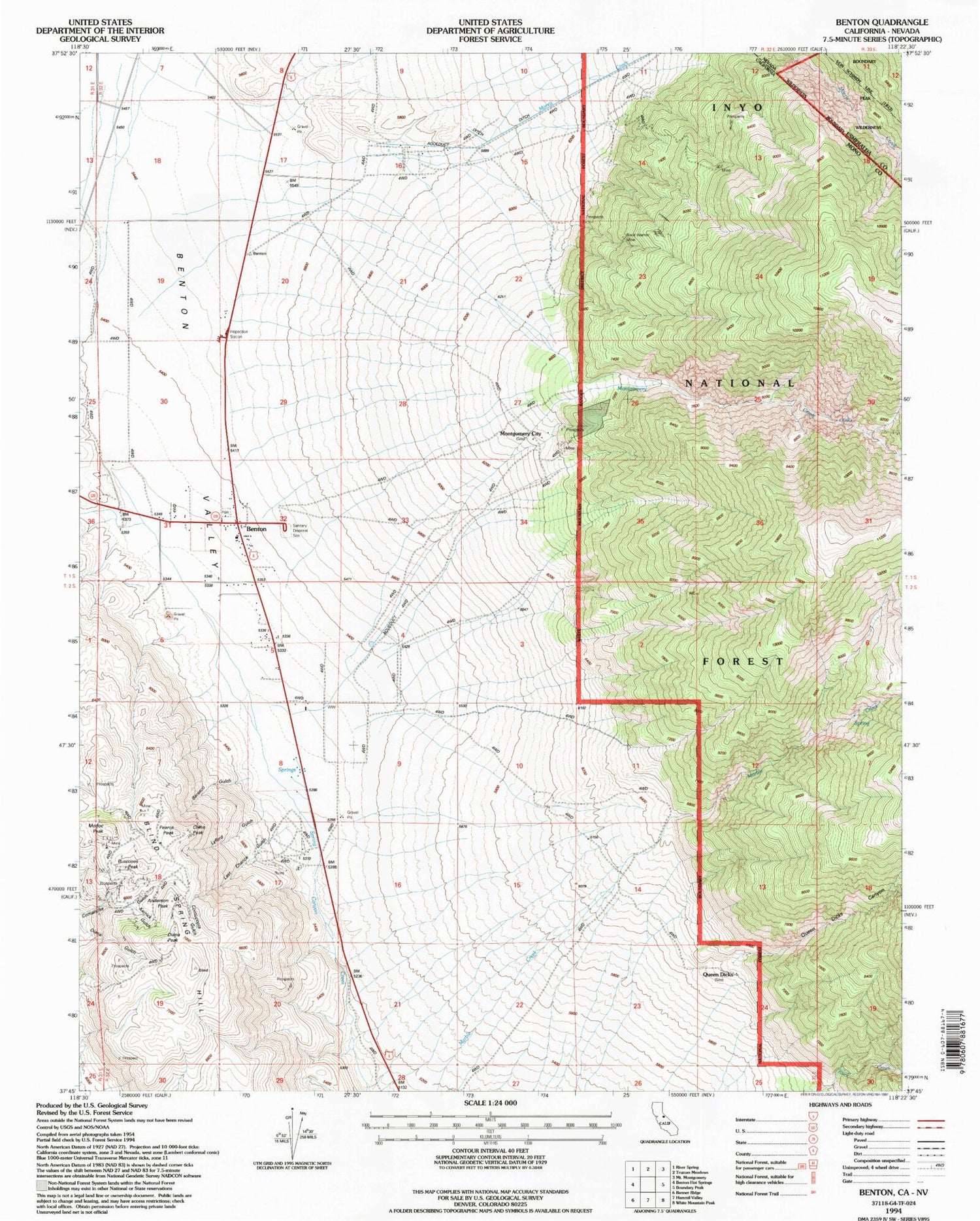 Classic USGS Benton California 7.5'x7.5' Topo Map Image