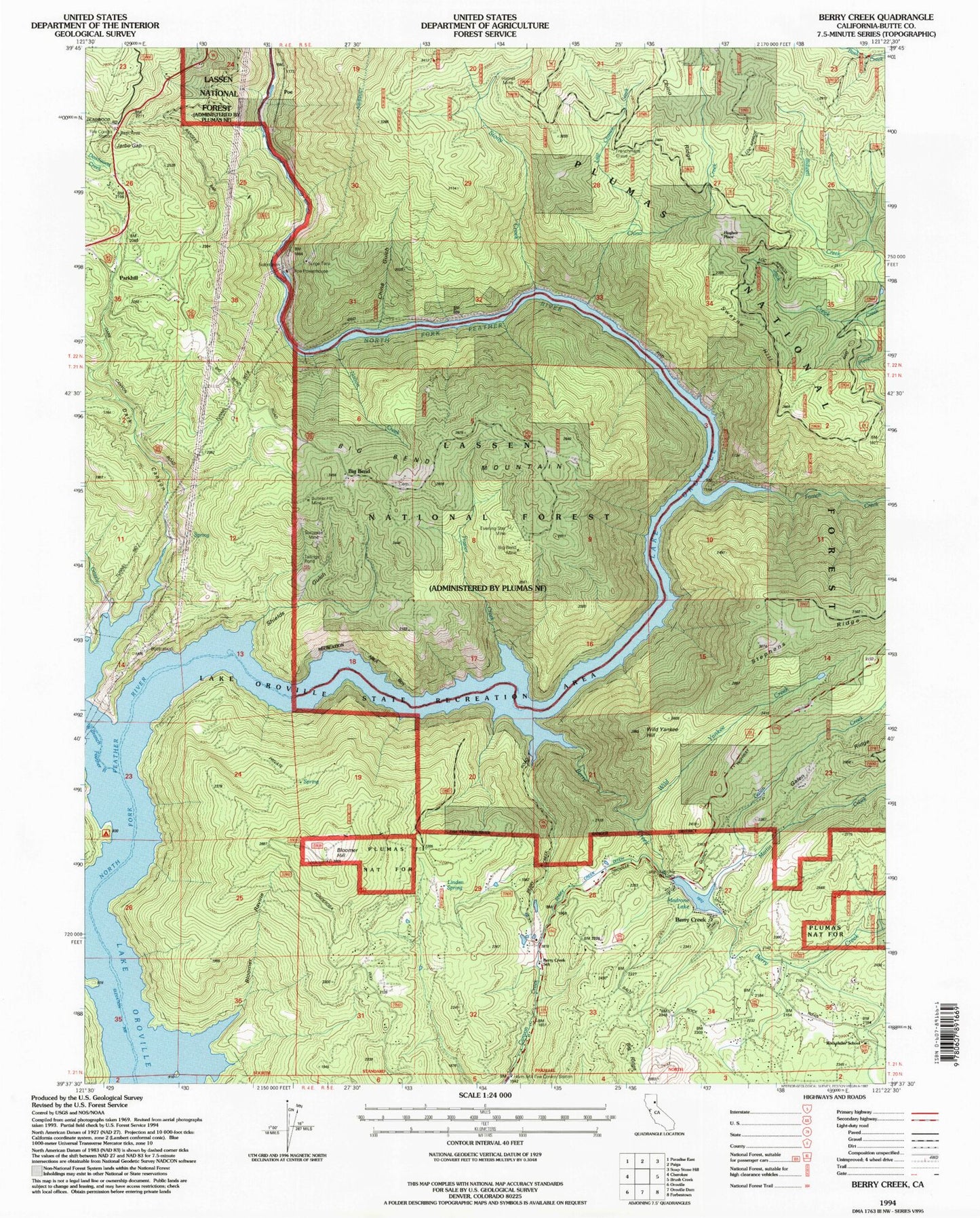 Classic USGS Berry Creek California 7.5'x7.5' Topo Map Image