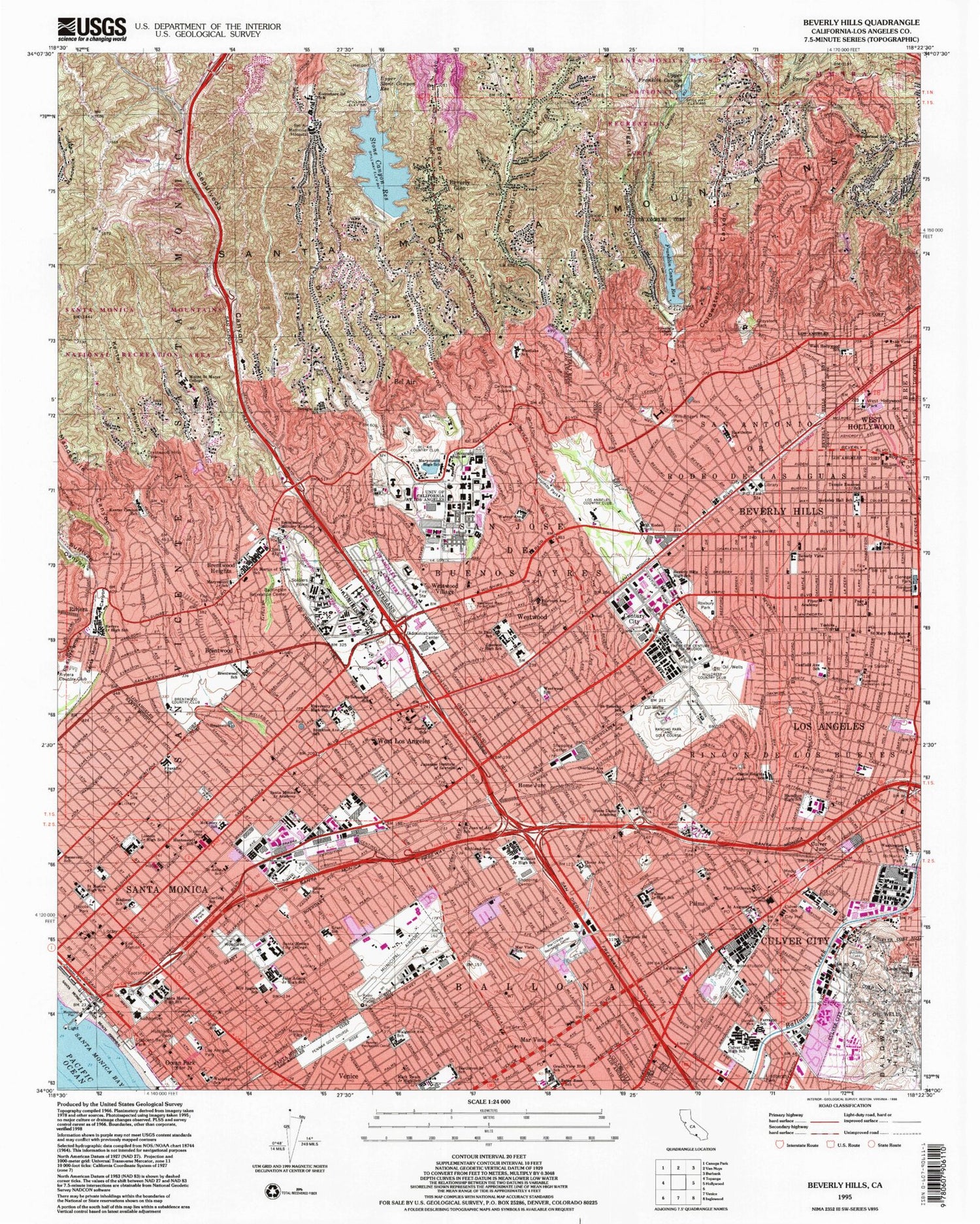 Classic USGS Beverly Hills California 7.5'x7.5' Topo Map Image