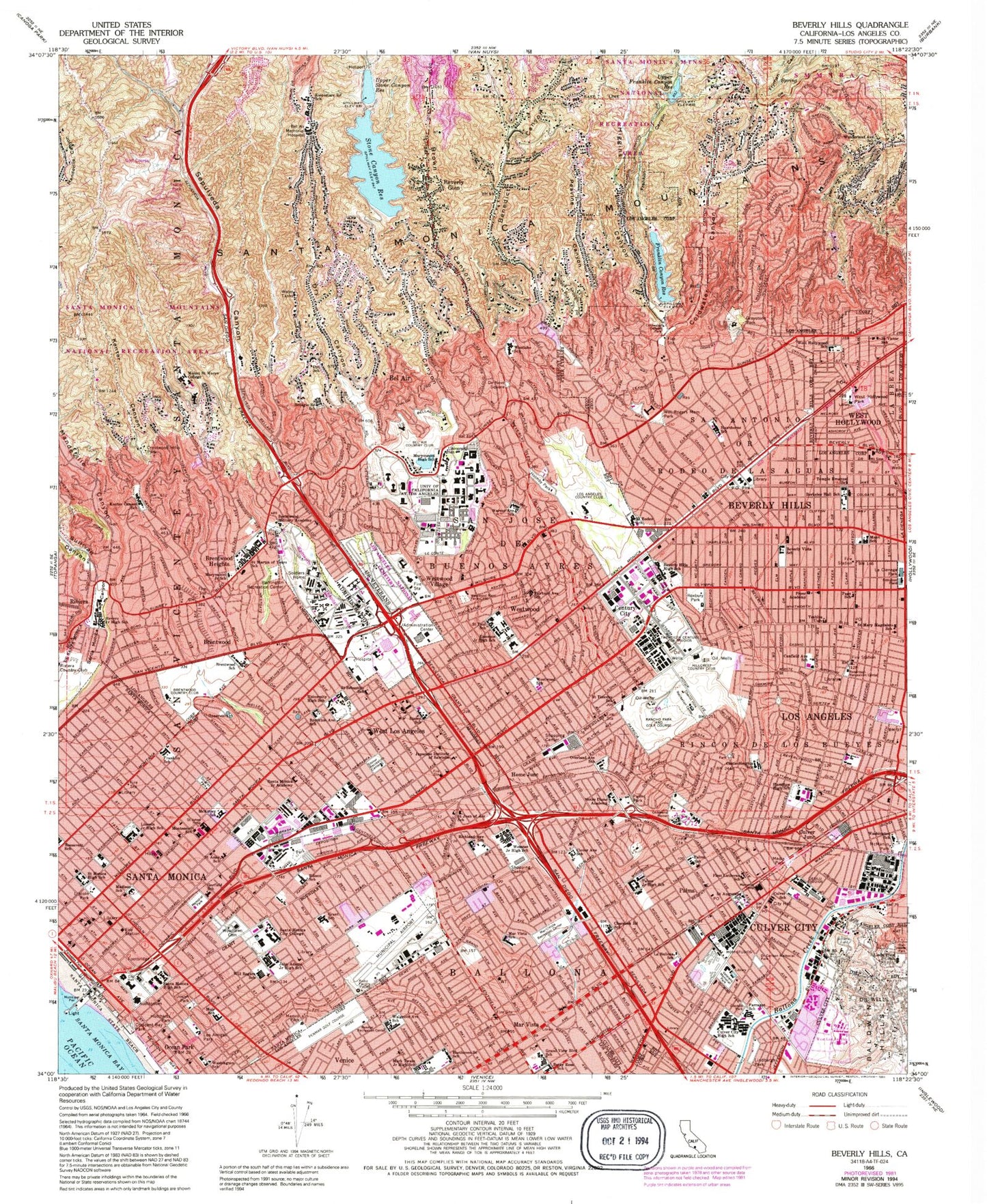 Classic USGS Beverly Hills California 7.5'x7.5' Topo Map Image