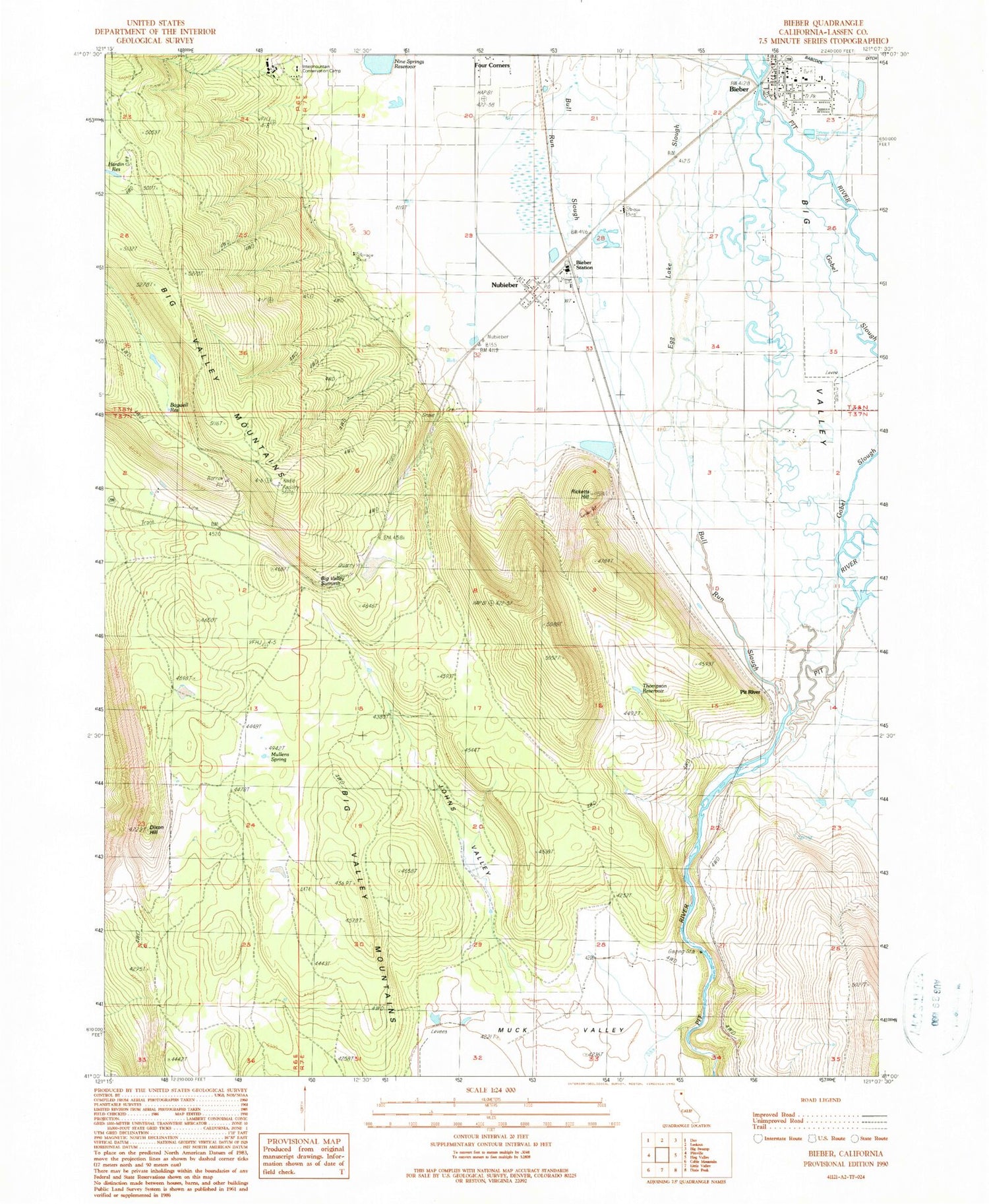 Classic USGS Bieber California 7.5'x7.5' Topo Map Image