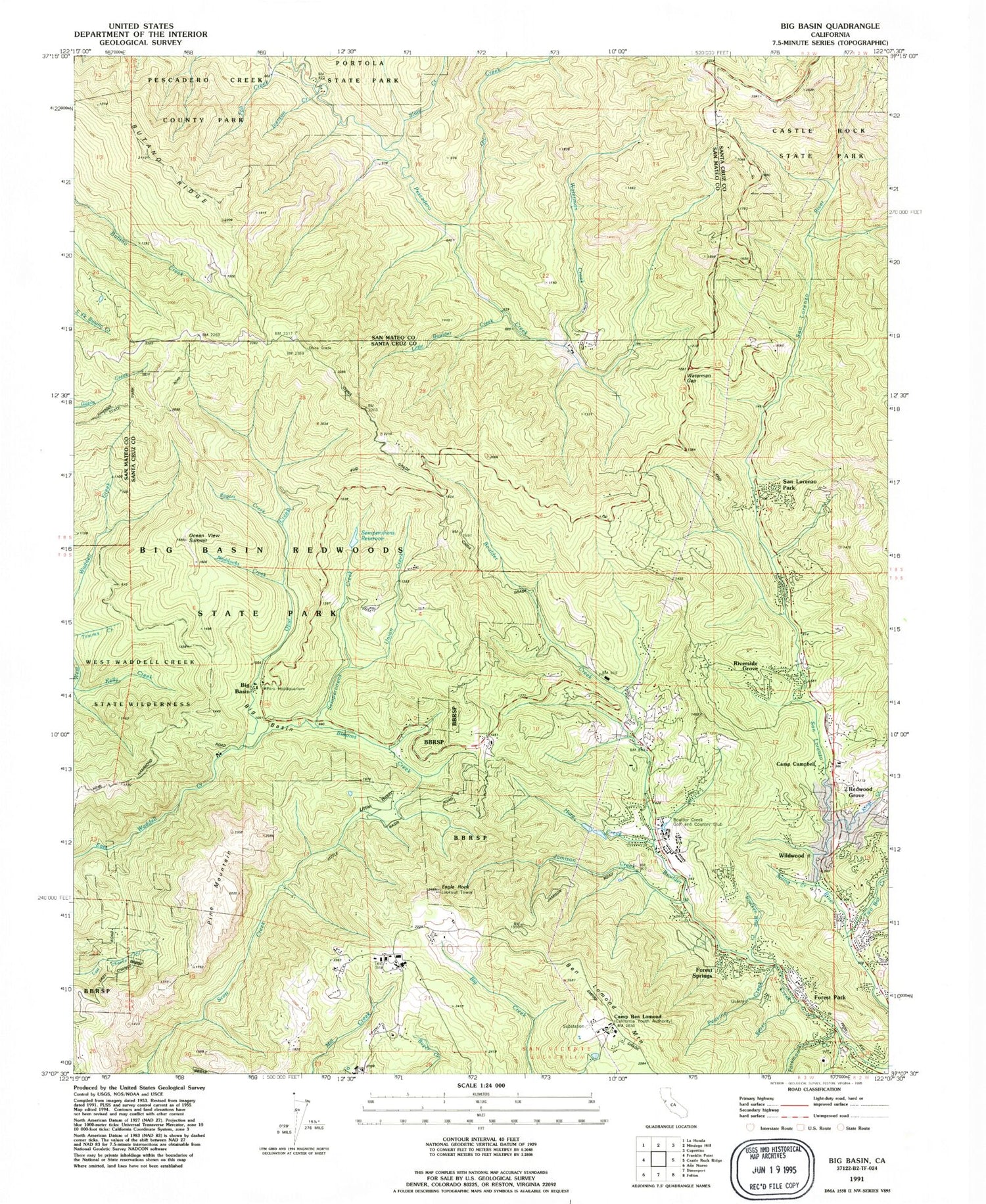 Classic USGS Big Basin California 7.5'x7.5' Topo Map Image