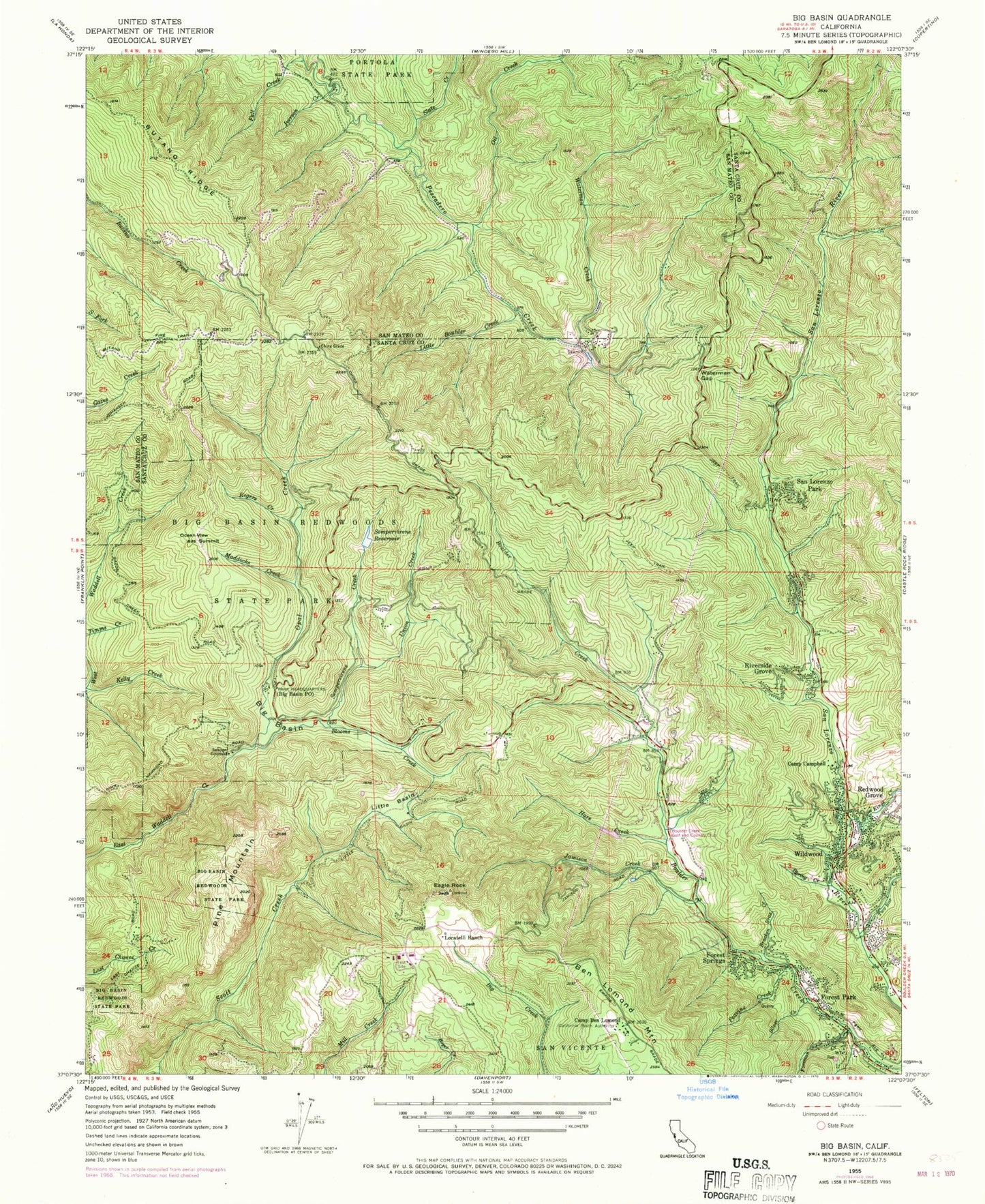 Classic USGS Big Basin California 7.5'x7.5' Topo Map Image