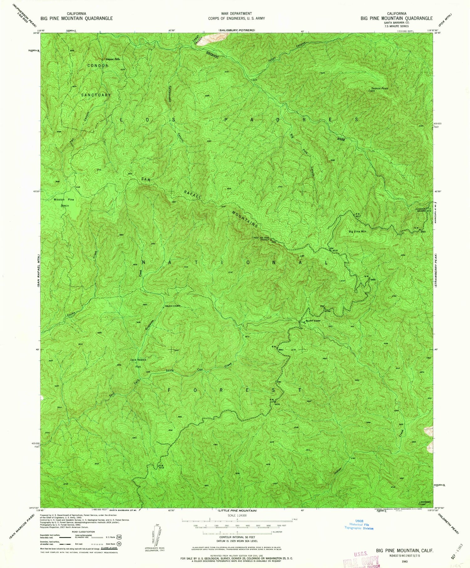 Classic USGS Big Pine Mountain California 7.5'x7.5' Topo Map Image