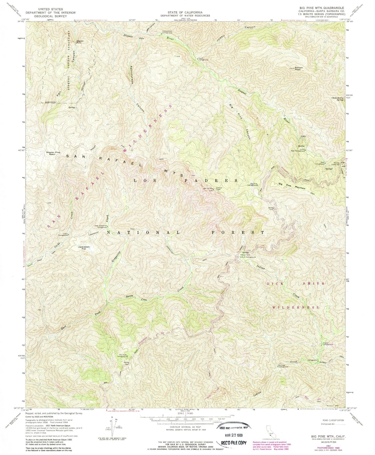 Classic USGS Big Pine Mountain California 7.5'x7.5' Topo Map Image