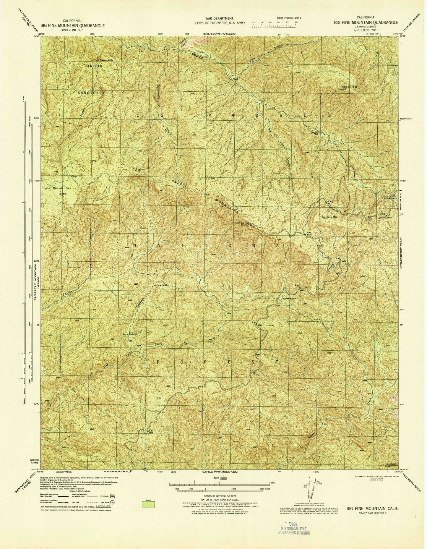 Classic USGS Big Pine Mountain California 7.5'x7.5' Topo Map Image