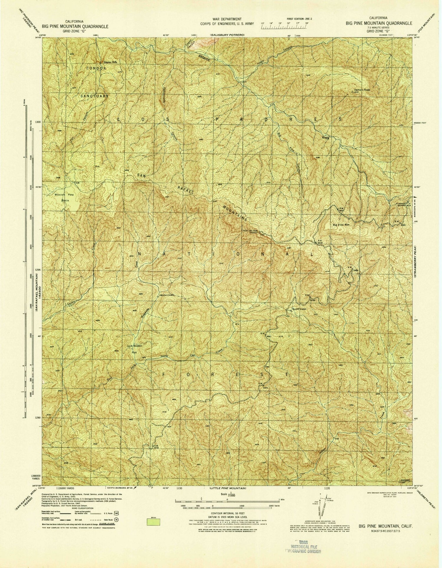 Classic USGS Big Pine Mountain California 7.5'x7.5' Topo Map Image