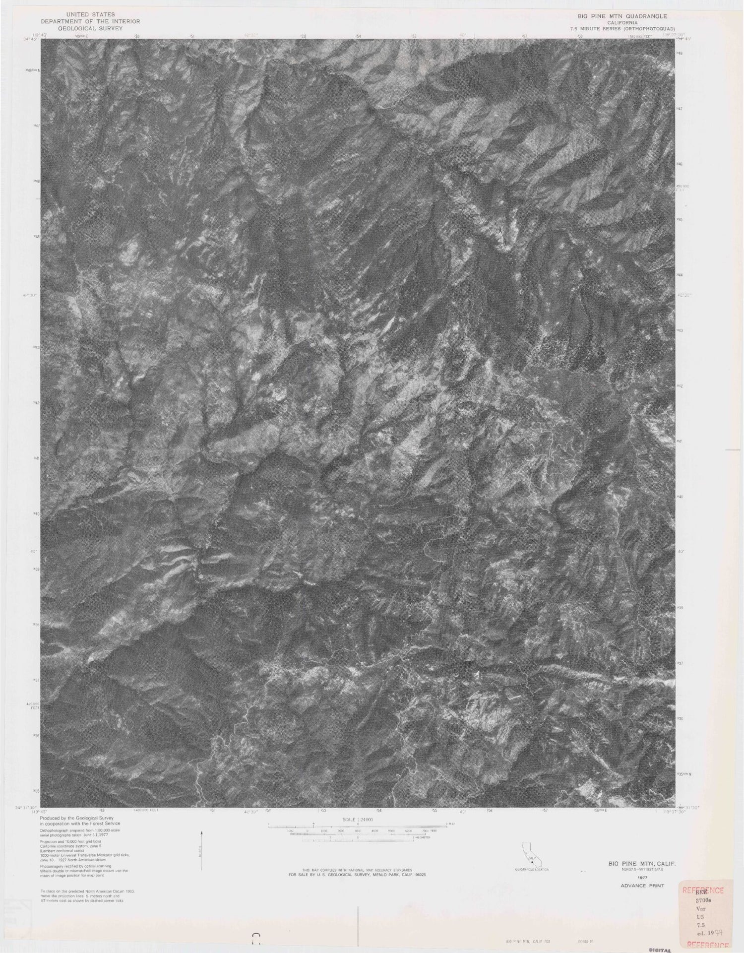 Classic USGS Big Pine Mountain California 7.5'x7.5' Topo Map Image