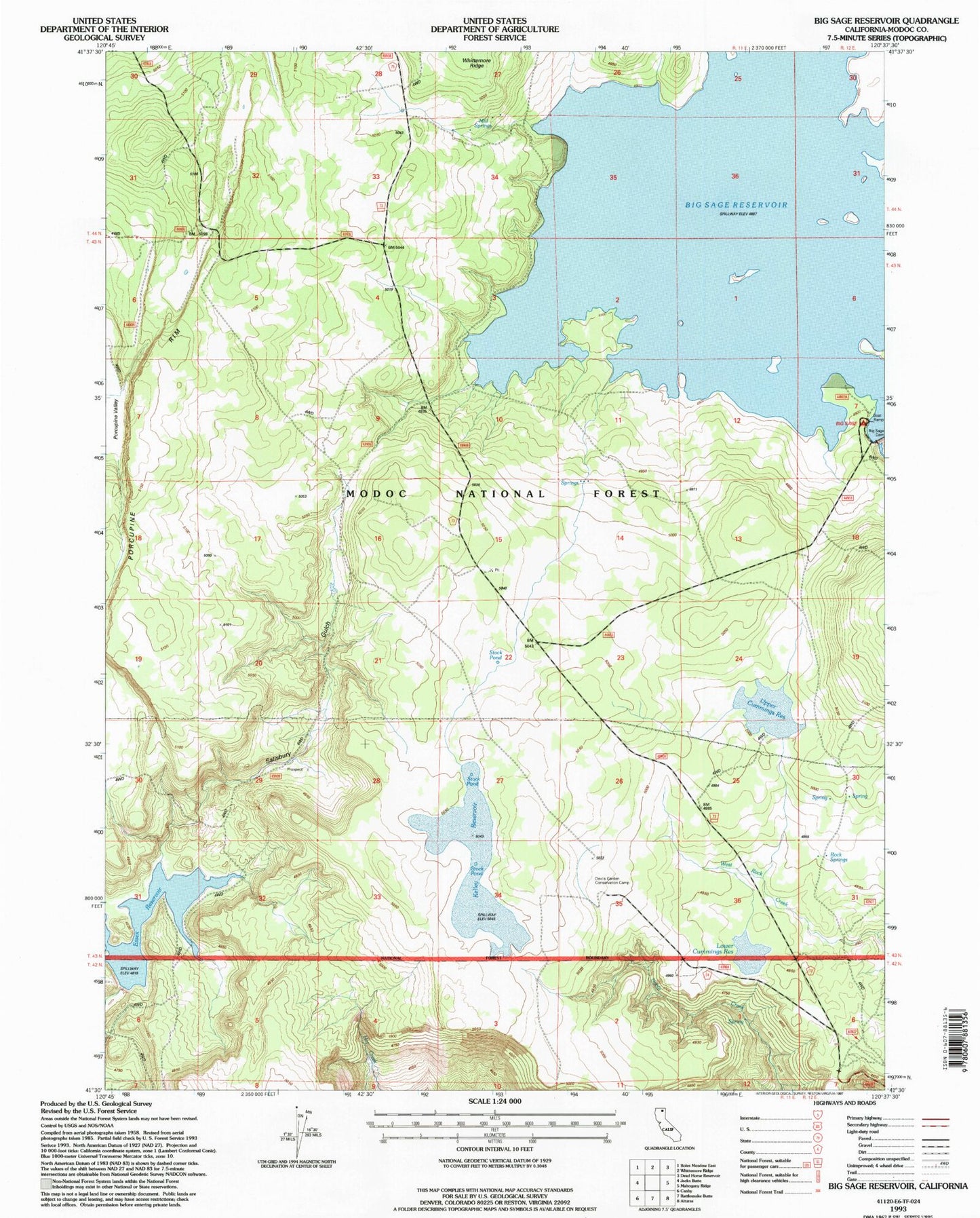 Classic USGS Big Sage Reservoir California 7.5'x7.5' Topo Map Image