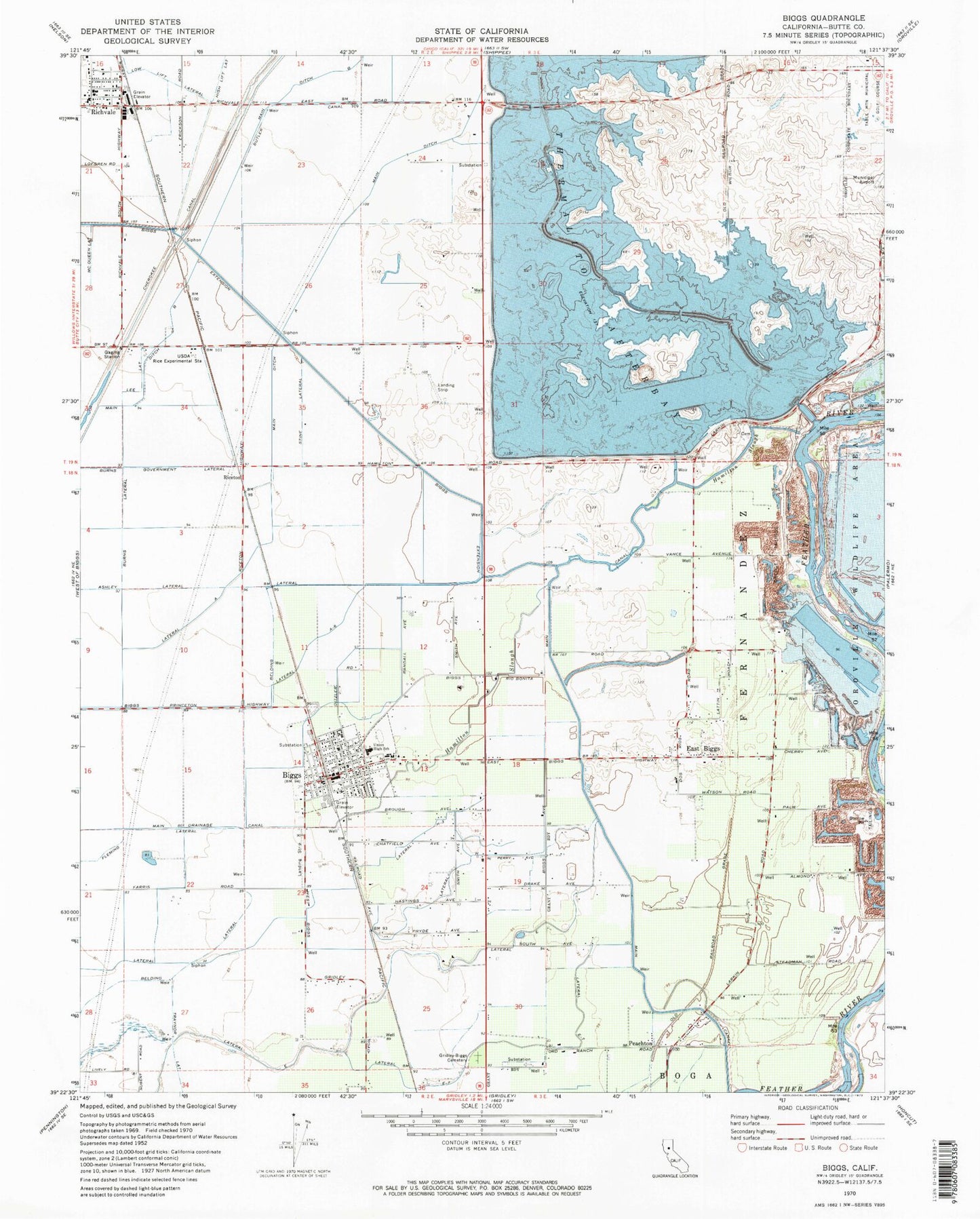 Classic USGS Biggs California 7.5'x7.5' Topo Map Image
